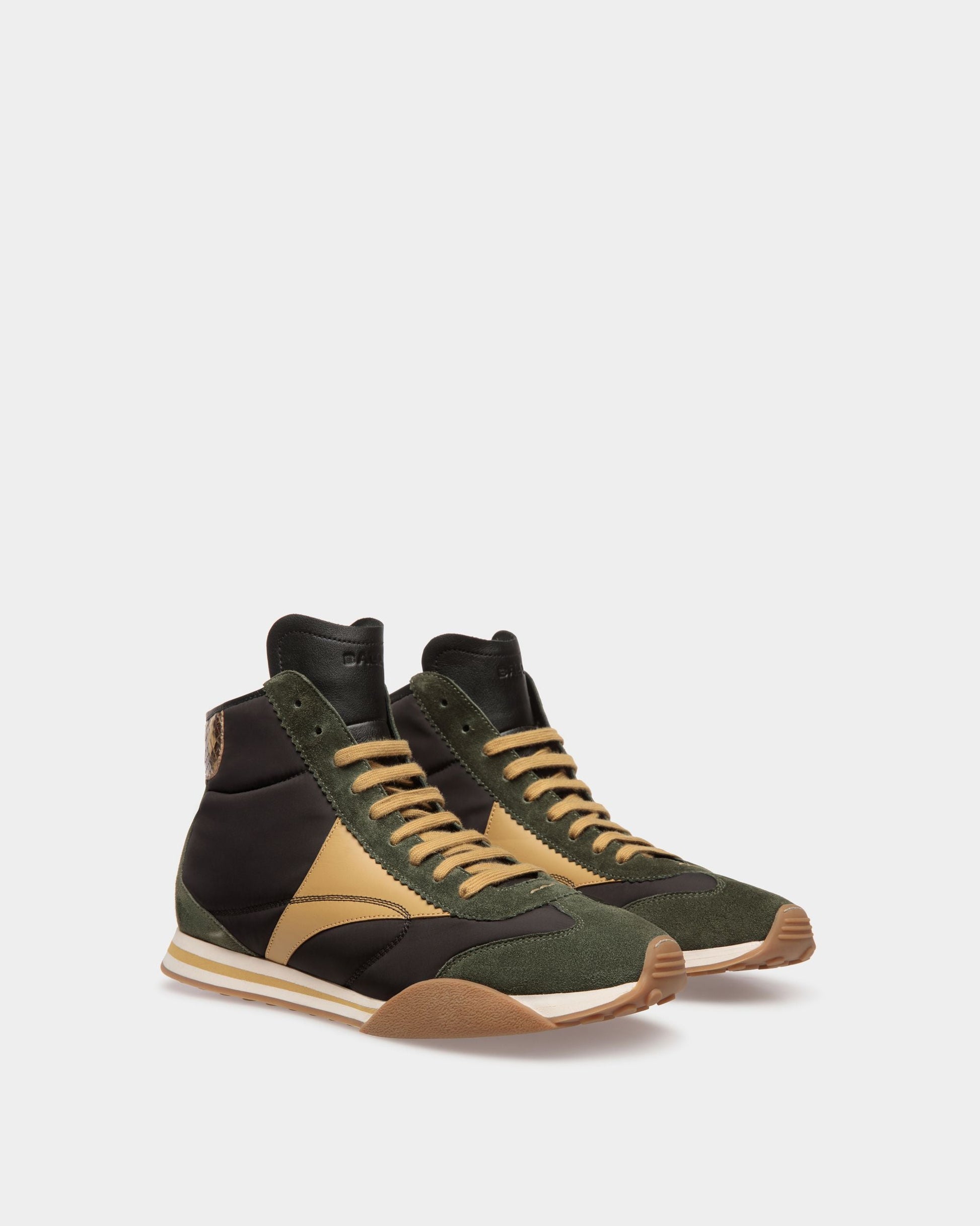 Sonney Mid Top | Men's Sneakers | Green And Black Leather And Fabric | Bally | Still Life 3/4 Front