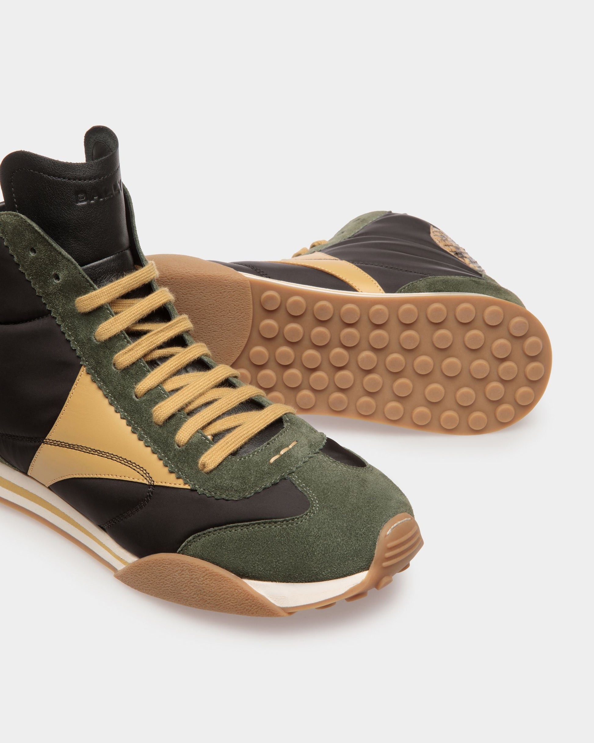 Sonney Mid Top | Men's Sneakers | Green And Black Leather And Fabric | Bally | Still Life Below