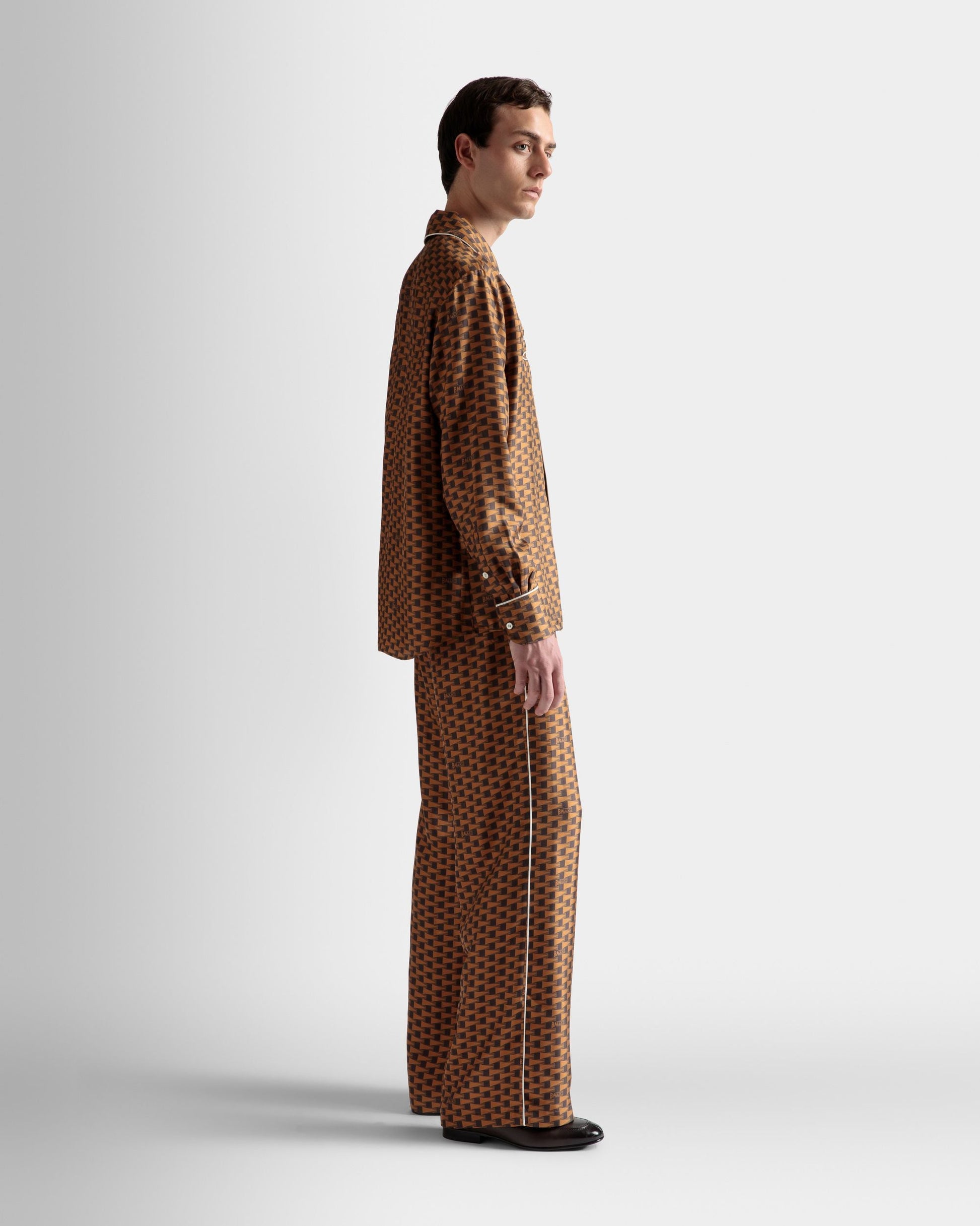 Pennant Print Pants | Men's Pants | Brown Silk | Bally | On Model 3/4 Front