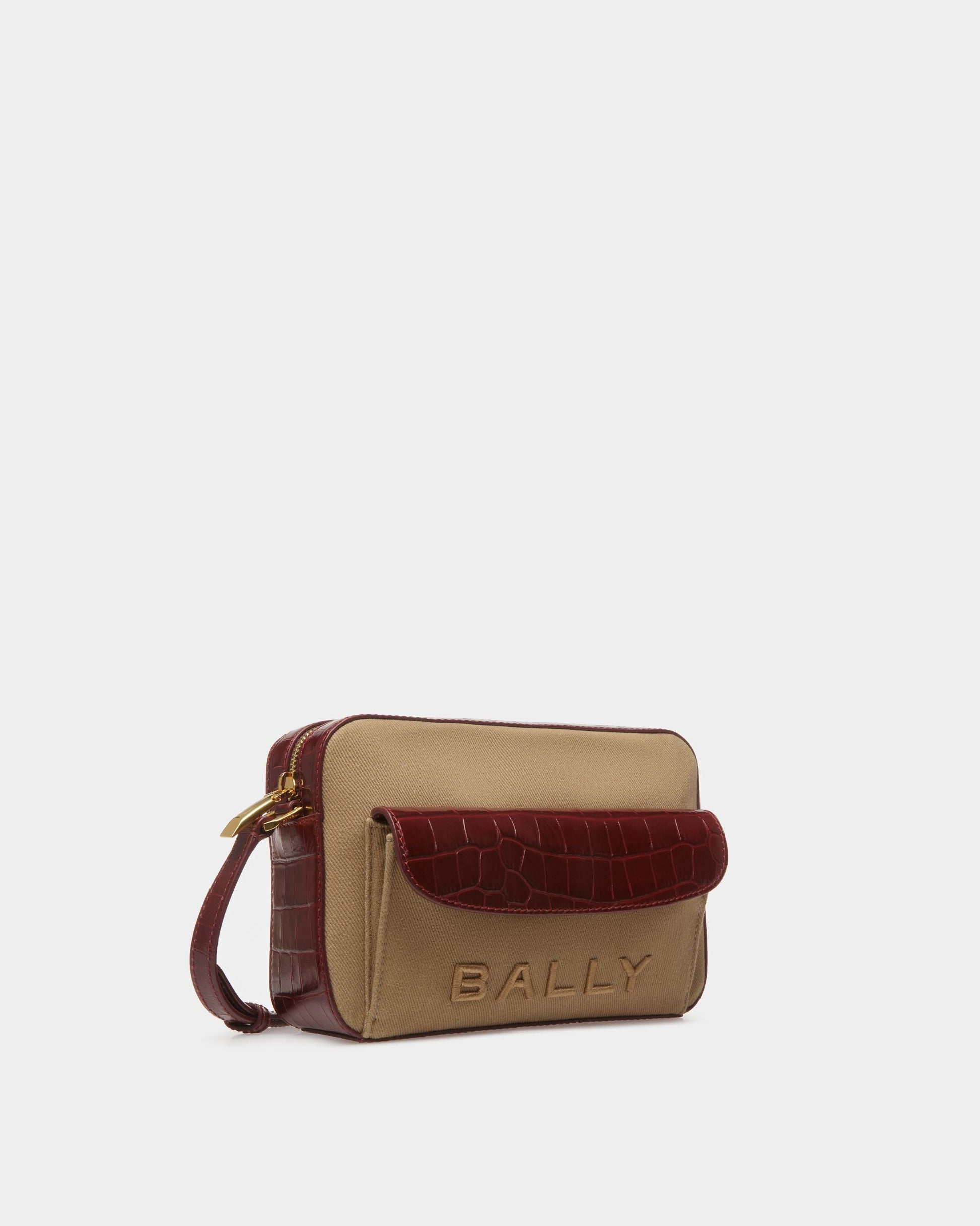 Bar Daniel | Women's Crossbody Bag | Sand And Burgundy Fabric | Bally | Still Life 3/4 Front