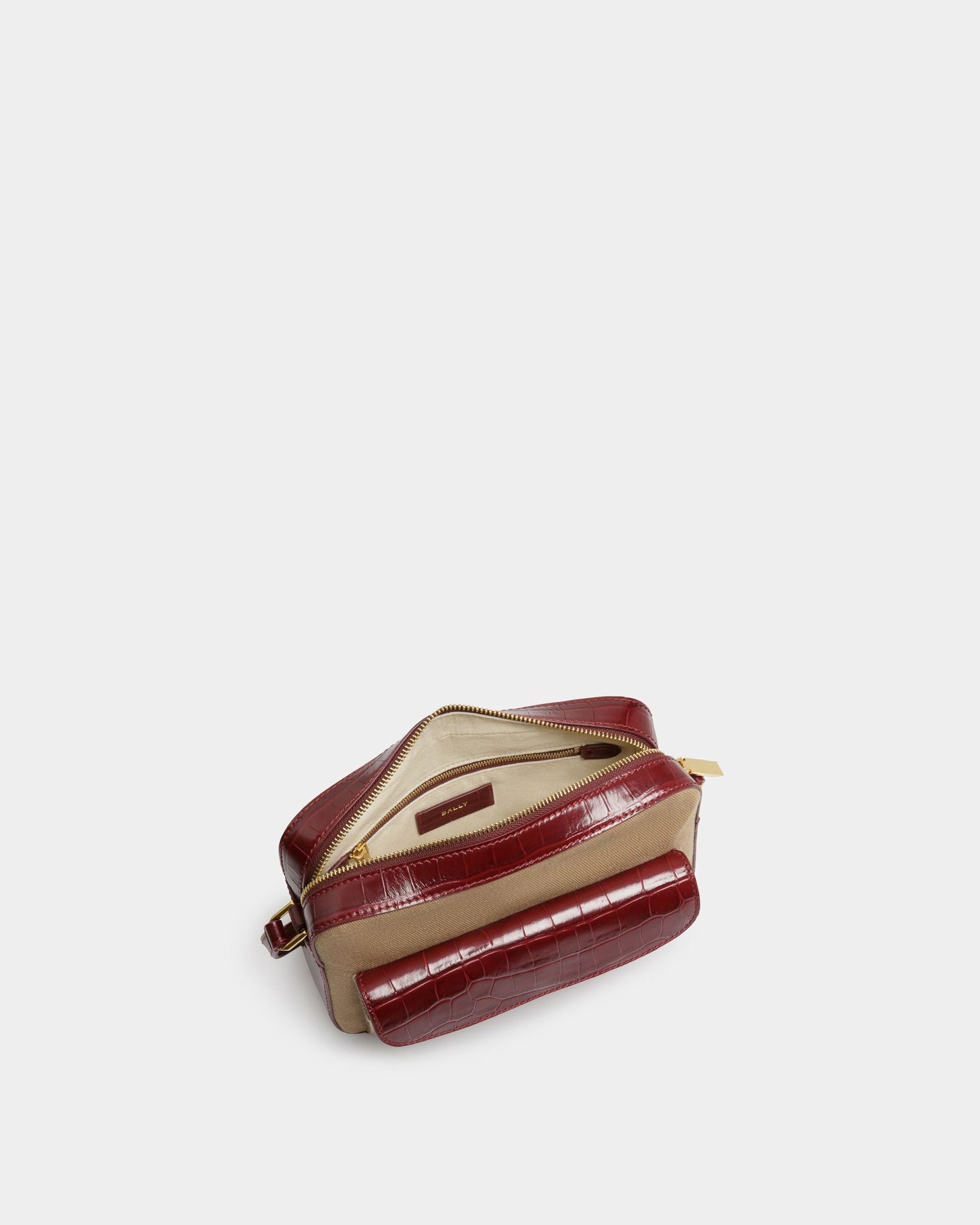 Bar Daniel | Women's Crossbody Bag | Sand And Burgundy Fabric | Bally | Still Life Open / Inside