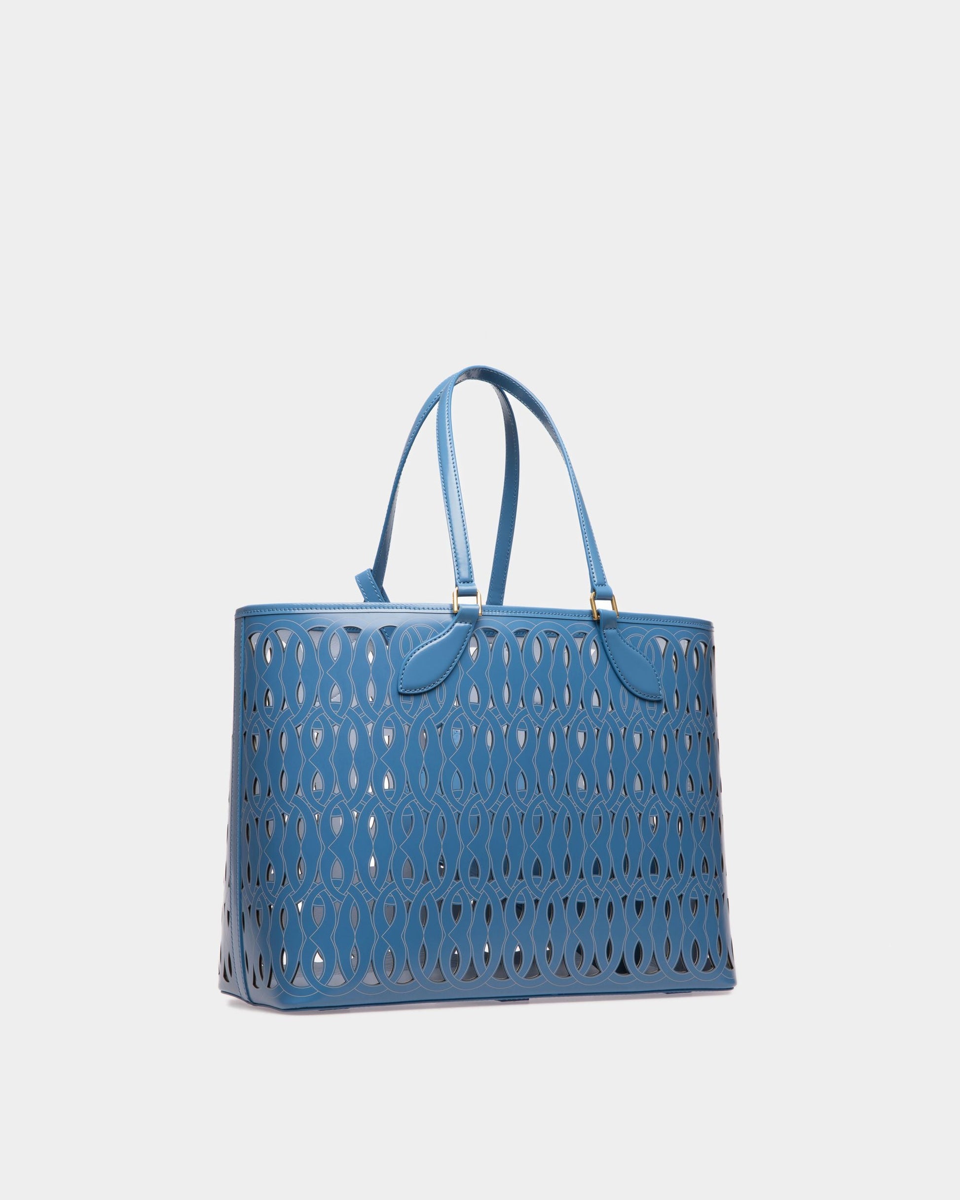 Lago | Women's Tote Bag | Blue Leather | Bally | Still Life 3/4 Front