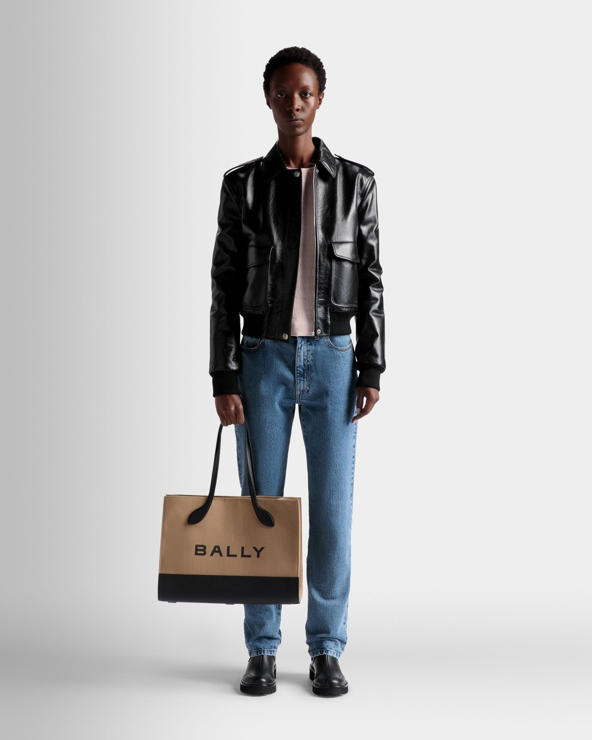 Keep On Ew | Women's Tote Bag | Sand And Black Fabric | Bally | On Model Front