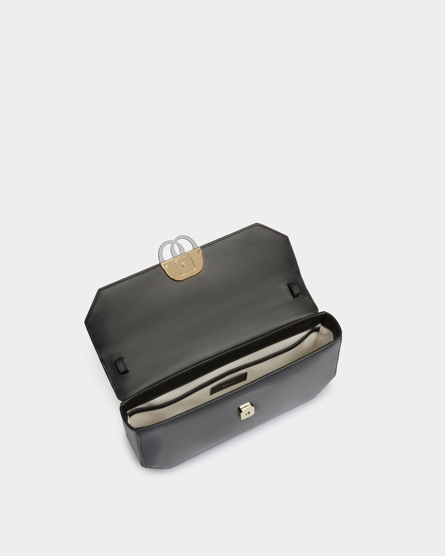 Emblem Folio | Women's Shoulder Bag | Black Leather | Bally | Still Life Open / Inside