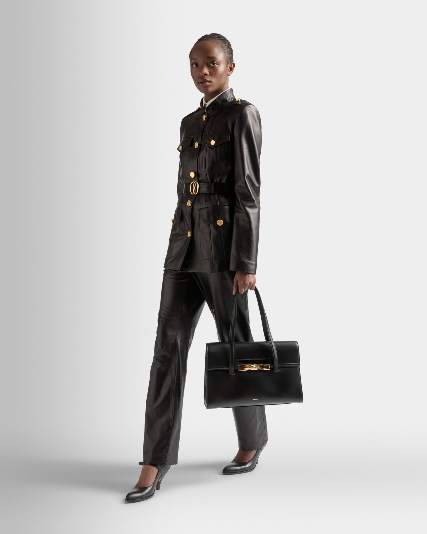 Baroque Fold | Women's Shoulder Bag | Black Leather | Bally | On Model Front
