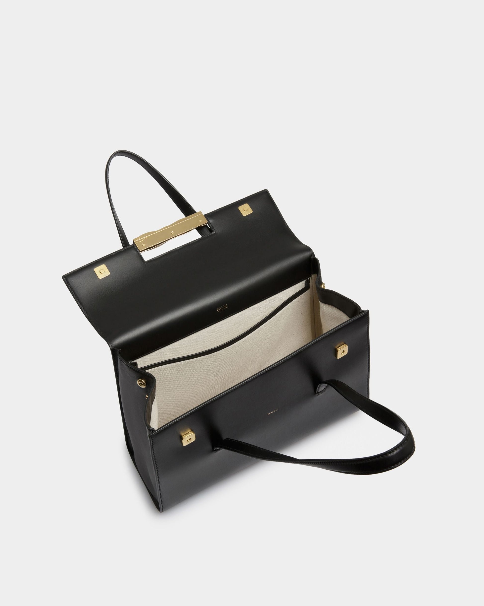Baroque Fold | Women's Shoulder Bag | Black Leather | Bally | Still Life Open / Inside