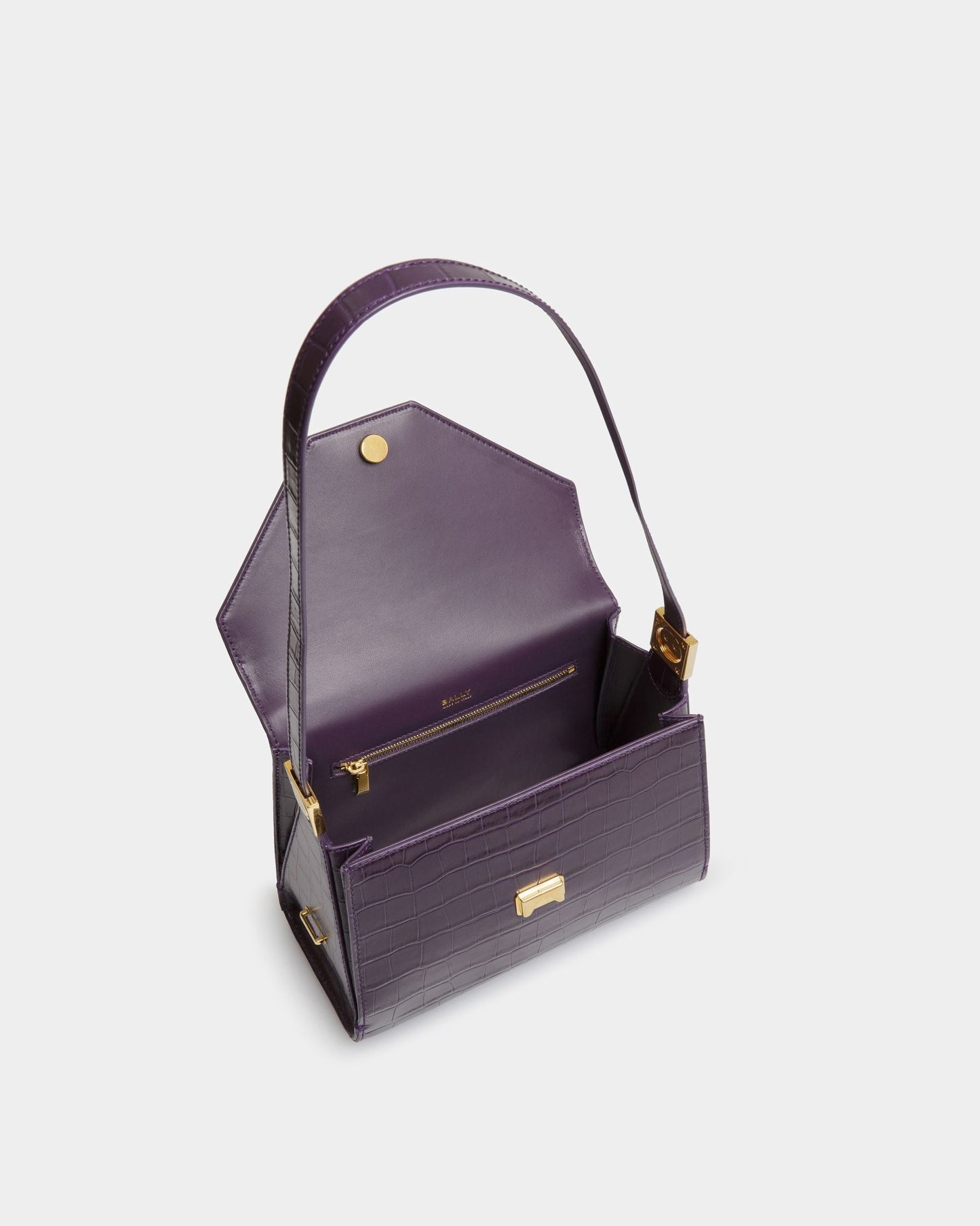 Emblem Trapeze Medium | Women's Top Handle Purse | Orchid Leather | Bally | Still Life Open / Inside