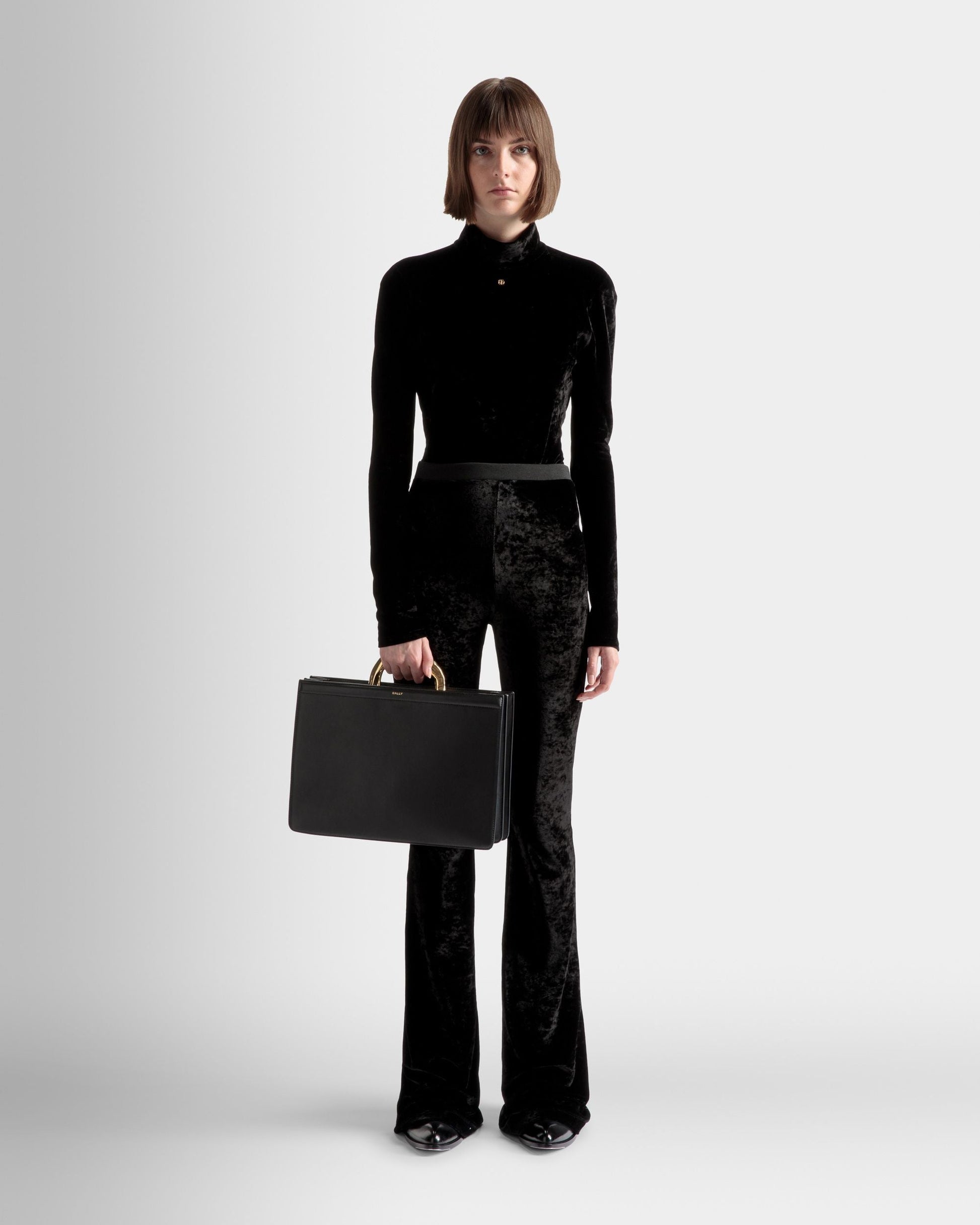 Baroque Femme | Women's Top Handle Purse | Black Leather | Bally | On Model Front