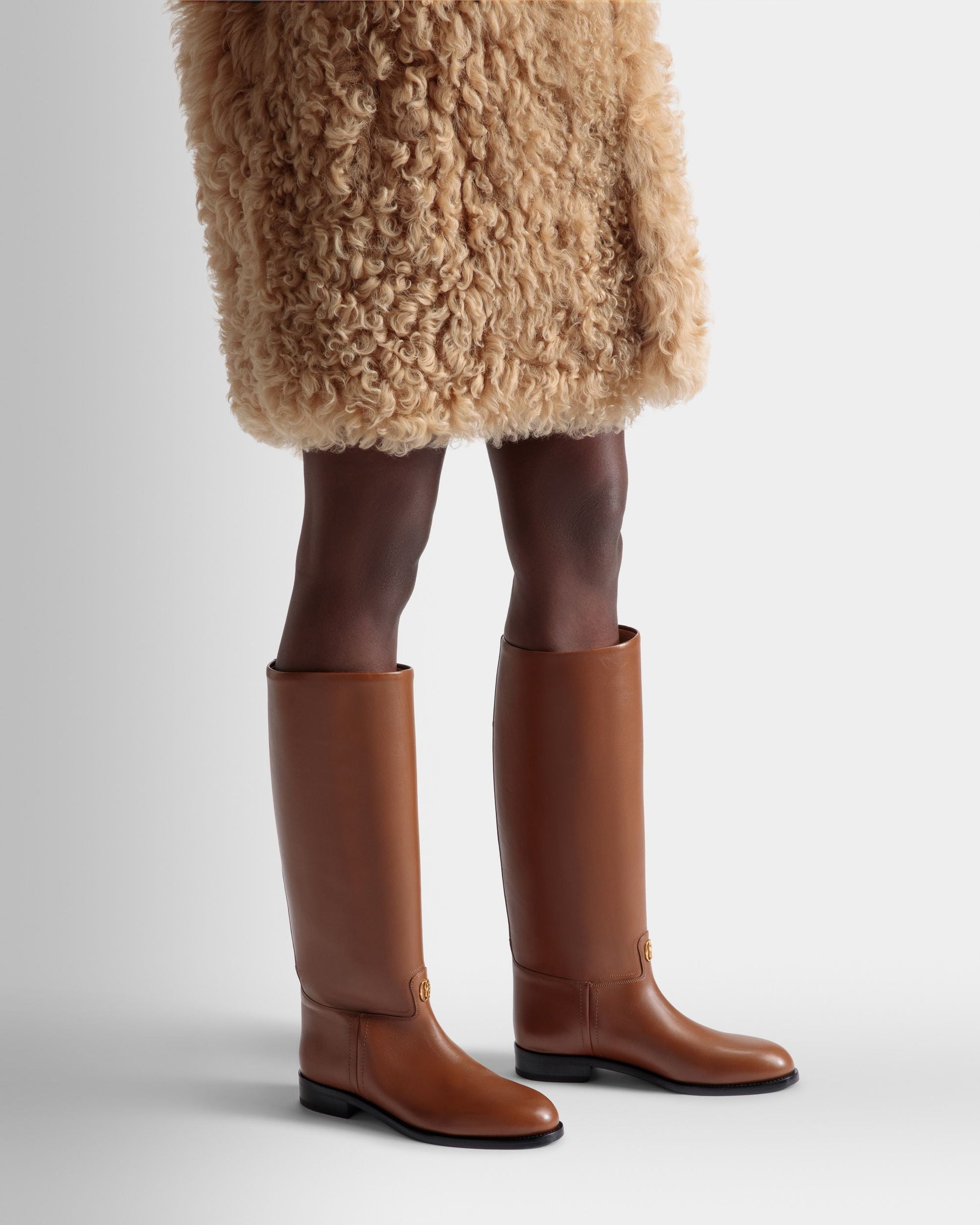 Hollie | Women's Long Boots | Brown Leather | Bally | On Model Close Up