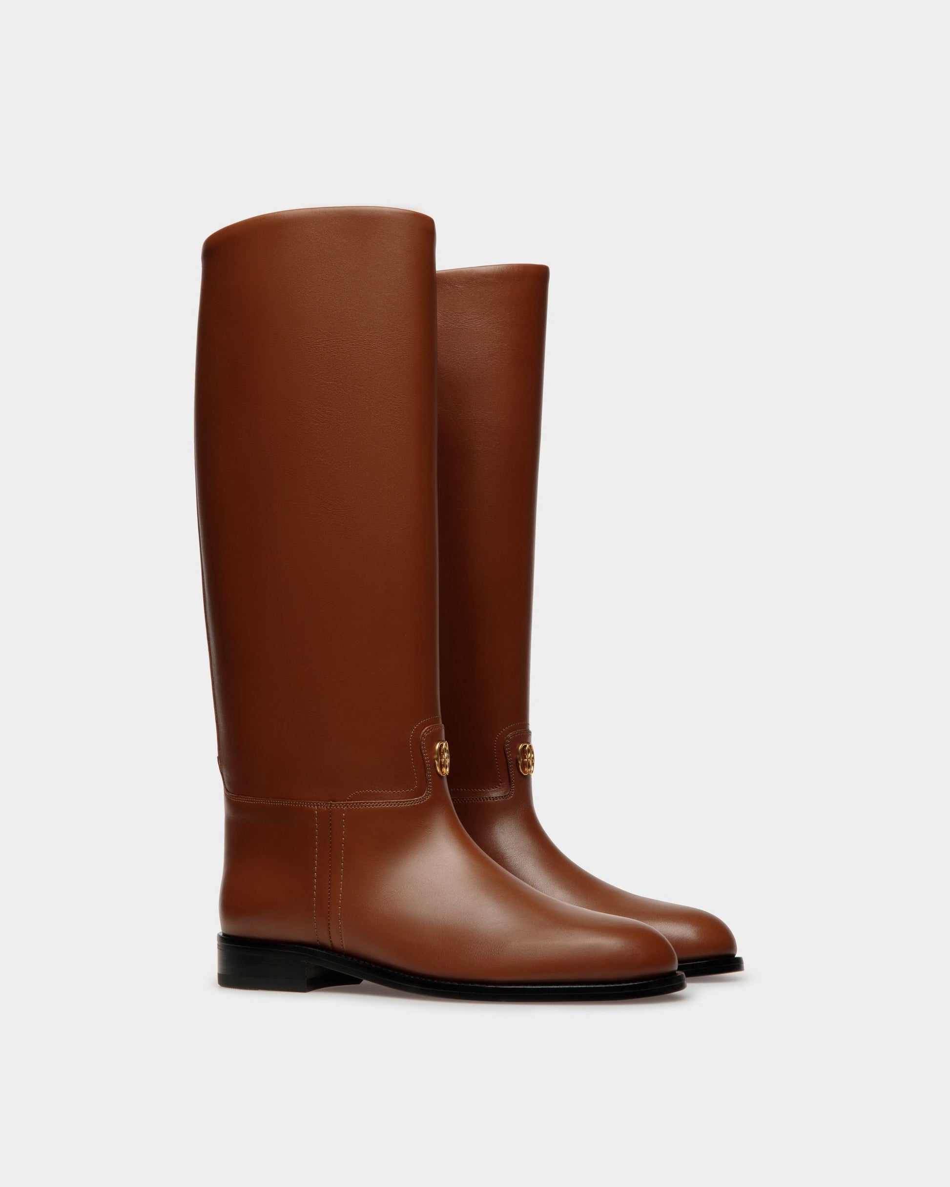 Hollie | Women's Long Boots | Brown Leather | Bally | Still Life 3/4 Front