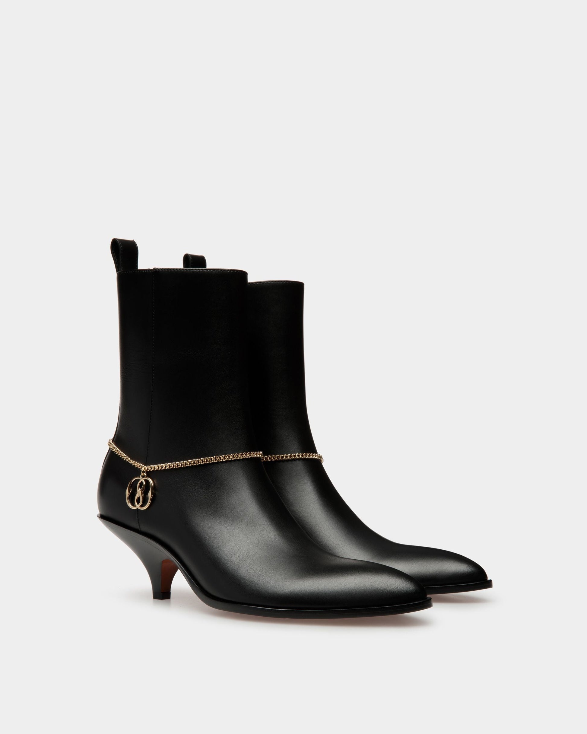 Leah | Women's Booties | Black Leather | Bally | Still Life 3/4 Front