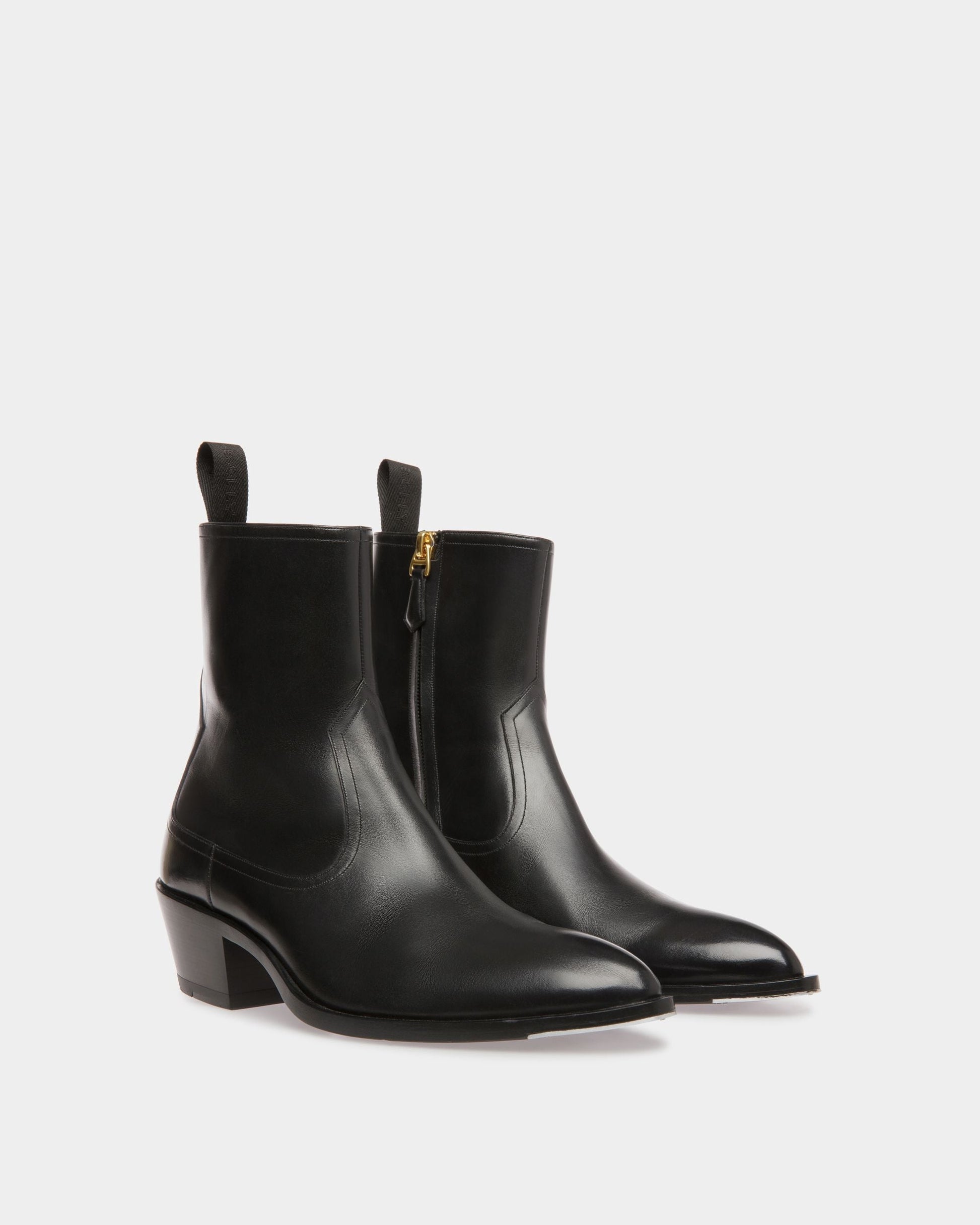 Gaiman | Women's Booties | Black Leather | Bally | Still Life 3/4 Front