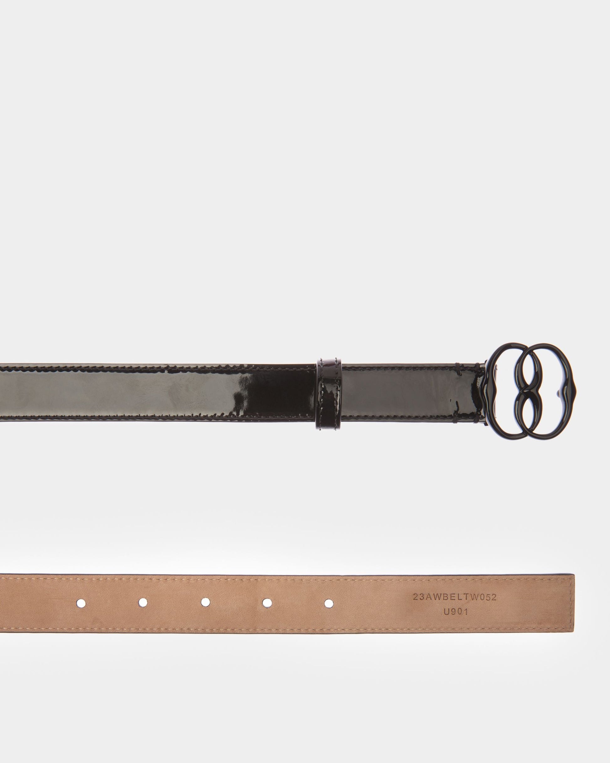 Emblem | Women's Fixed Belt | Black Leather | Bally | Still Life Detail