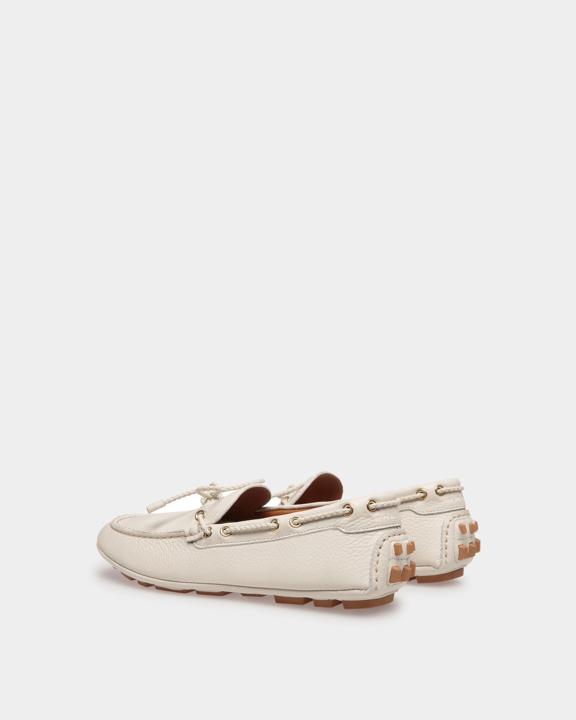 Kyan | Women's Drivers | Dusty White Leather | Bally | Still Life 3/4 Back
