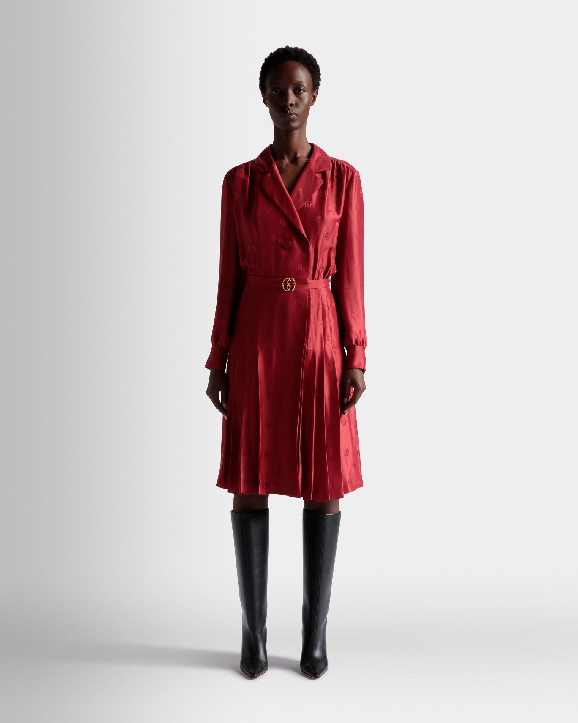 Emblem Belted Dress | Women's Dress | Deep Ruby Silk | Bally | On Model Front