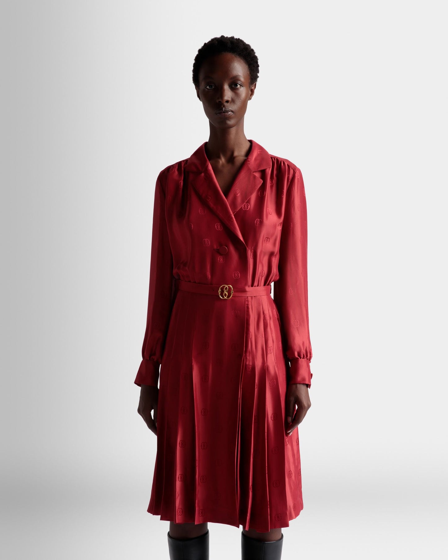 Emblem Belted Dress | Women's Dress | Deep Ruby Silk | Bally | On Model Close Up
