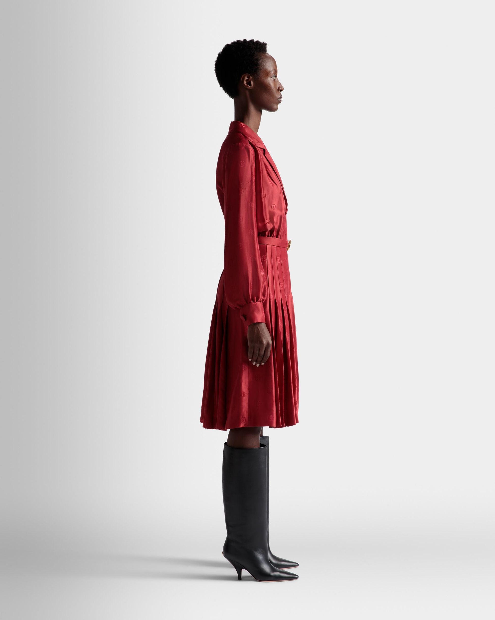 Emblem Belted Dress | Women's Dress | Deep Ruby Silk | Bally | On Model 3/4 Front