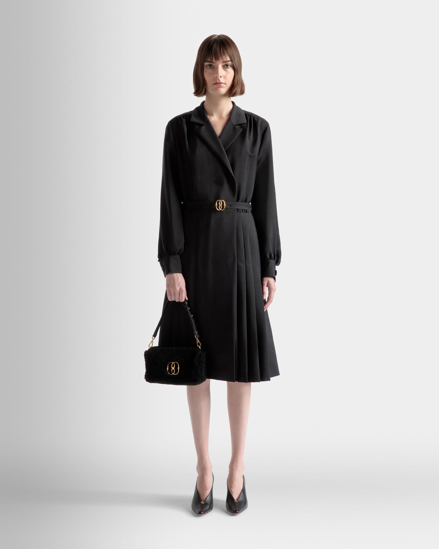 Emblem Belted Dress | Women's Dress |Black Mohair Mix | Bally | On Model Front