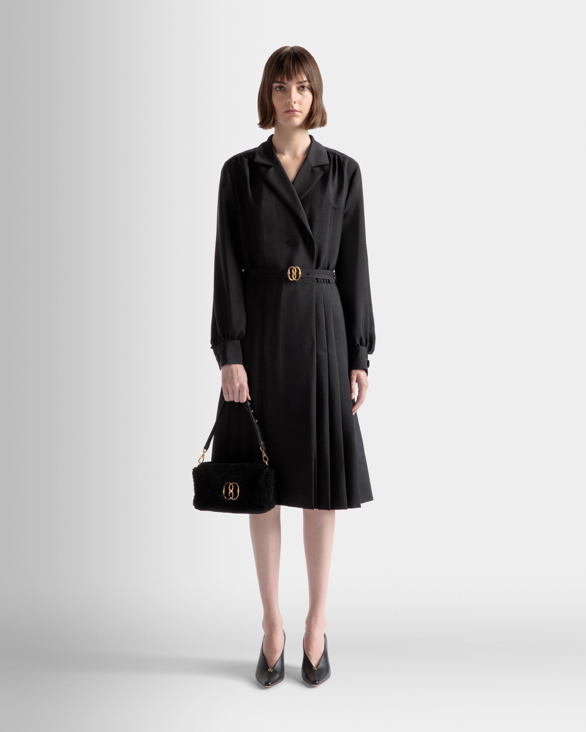 Emblem Belted Dress | Women's Dress |Black Mohair Mix | Bally | On Model Front