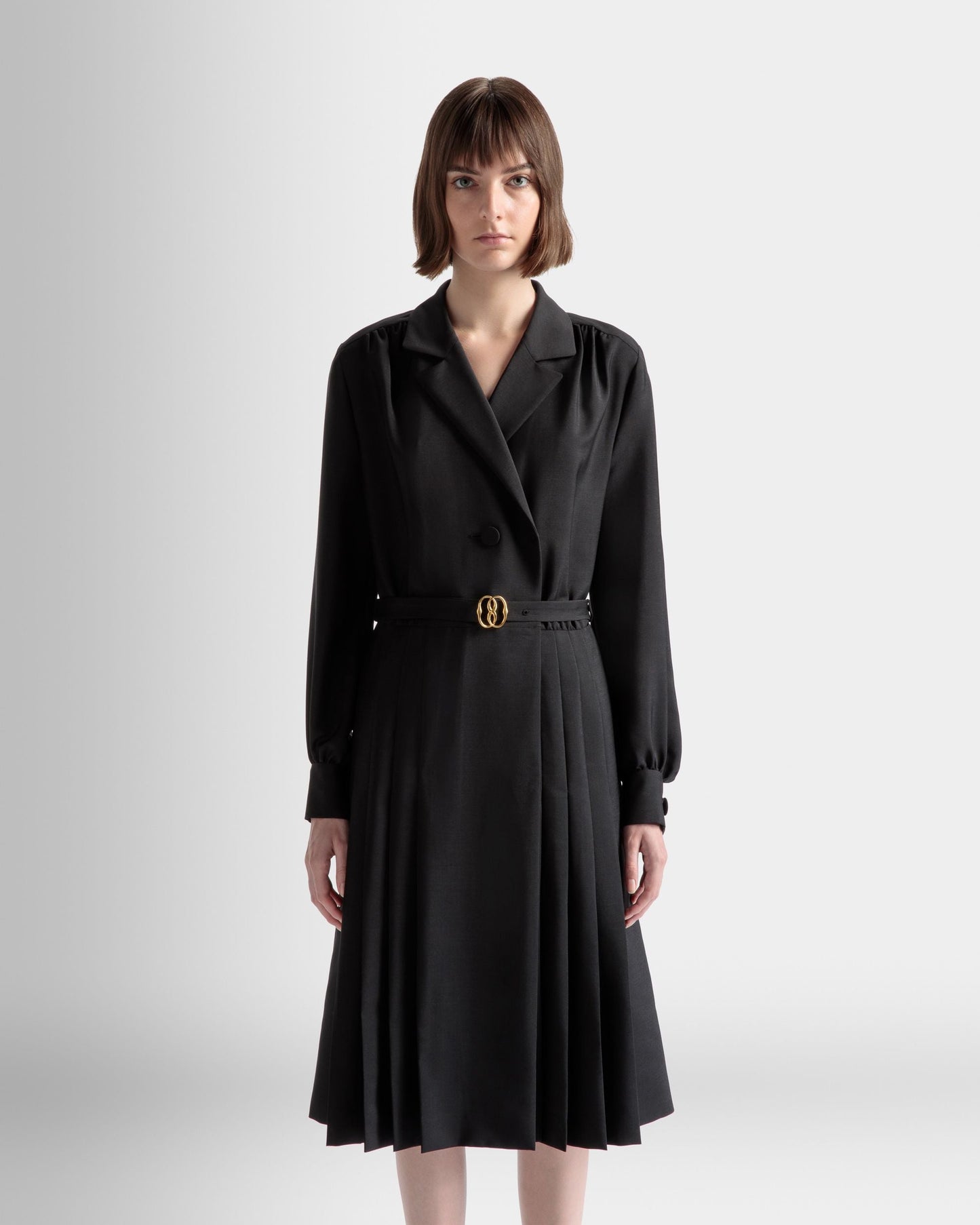 Emblem Belted Dress | Women's Dress |Black Mohair Mix | Bally | On Model Close Up