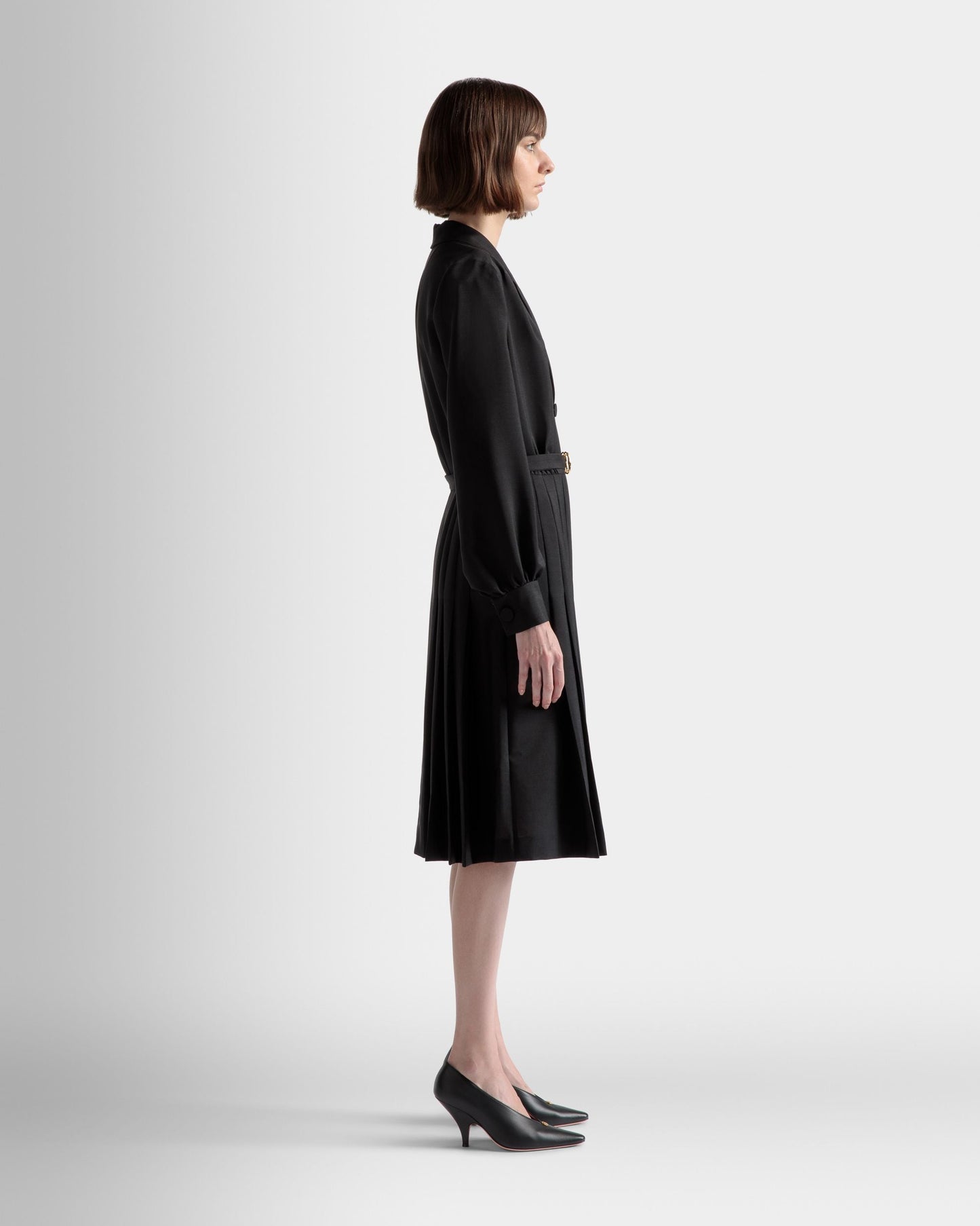 Emblem Belted Dress | Women's Dress |Black Mohair Mix | Bally | On Model 3/4 Front