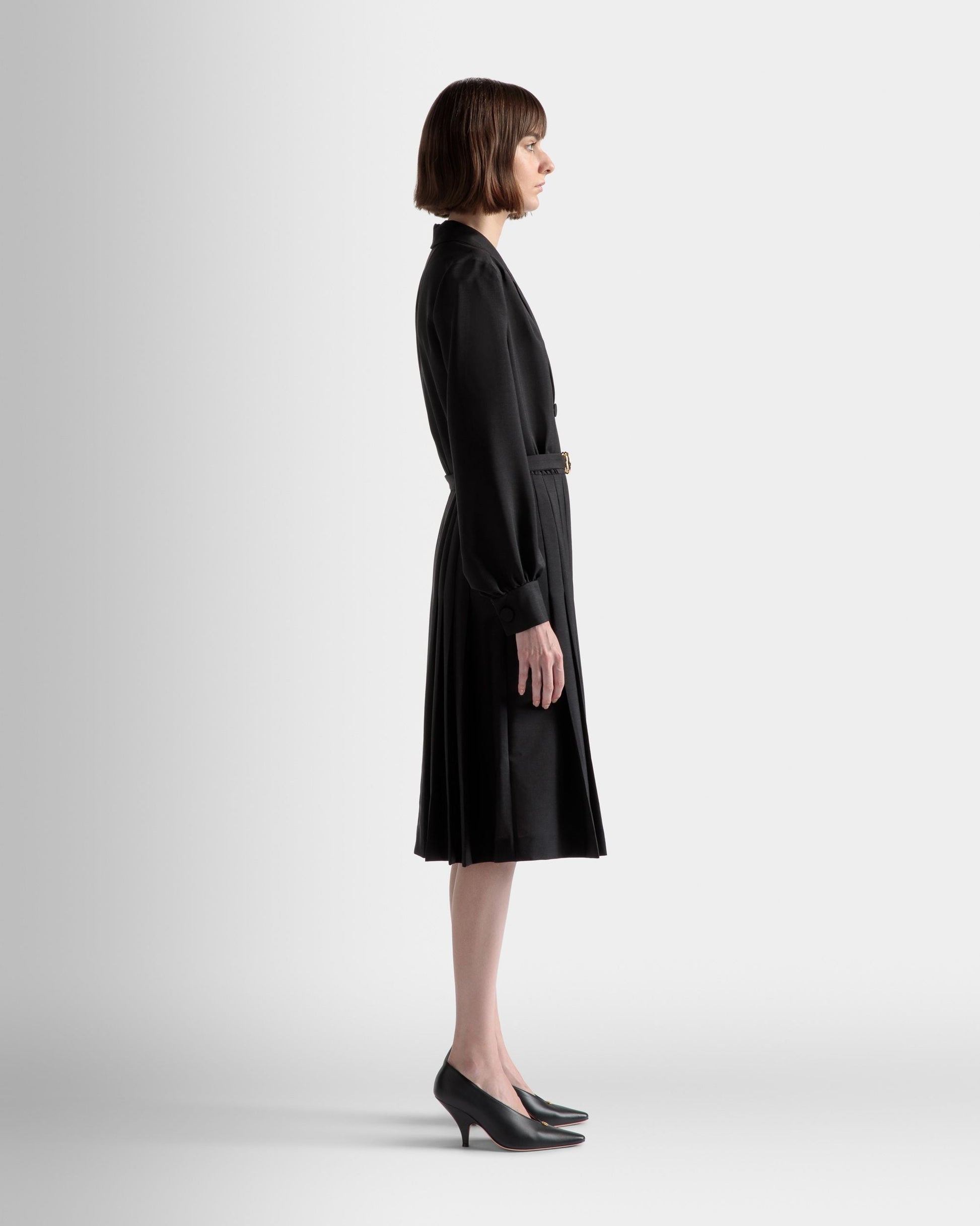 Emblem Belted Dress | Women's Dress |Black Mohair Mix | Bally | On Model 3/4 Front