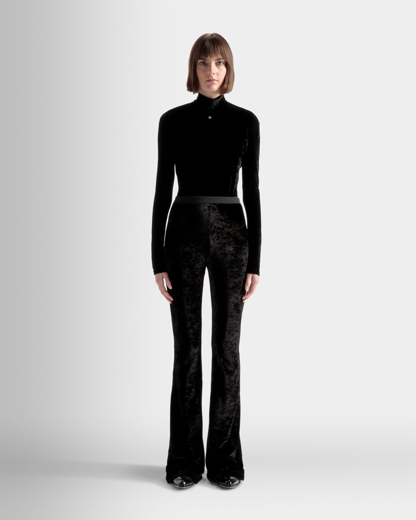 High Neck Bodysuit | Women's Top | Black Velvet Viscose Mix | Bally | On Model Front
