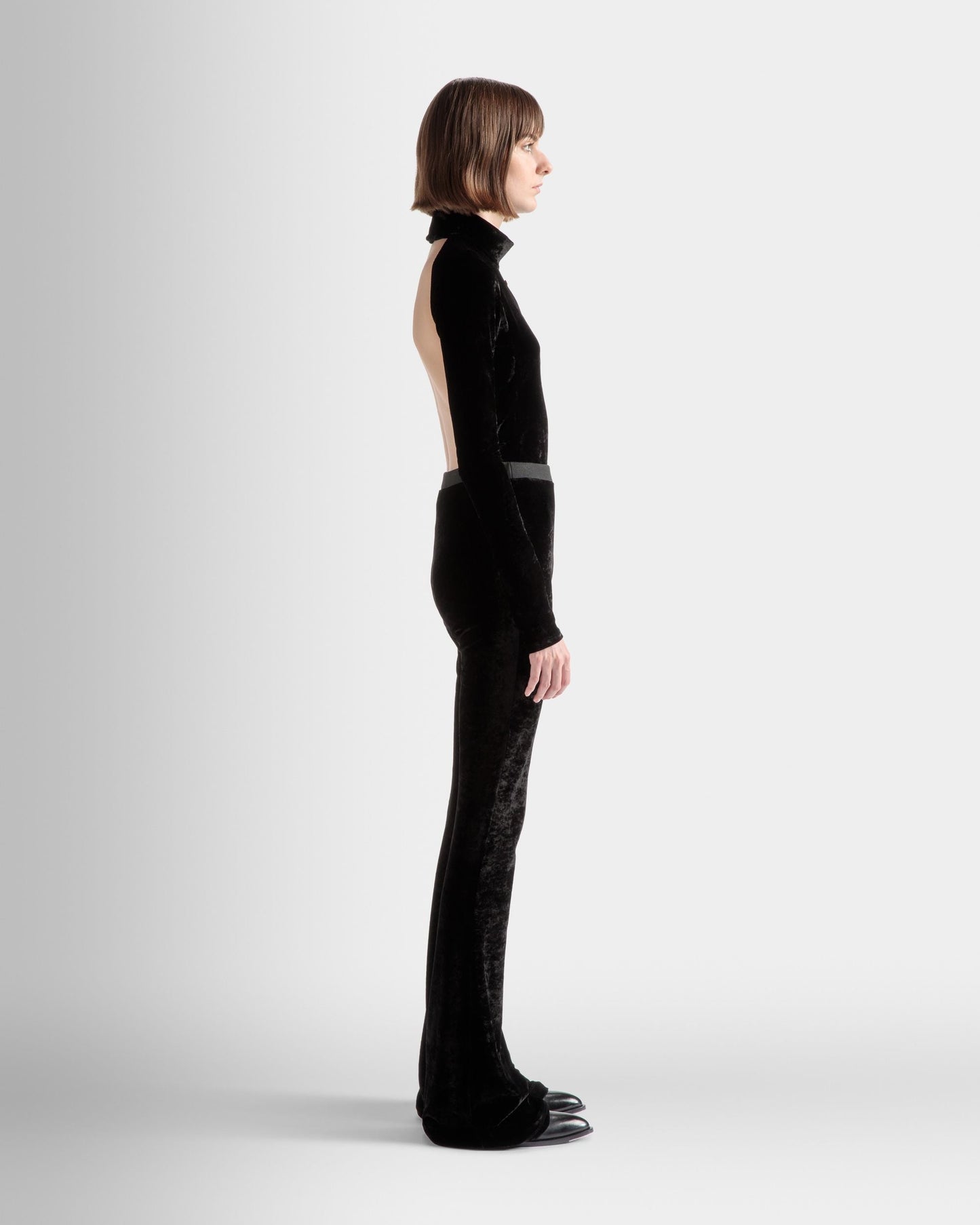 High Neck Bodysuit | Women's Top | Black Velvet Viscose Mix | Bally | On Model 3/4 Front