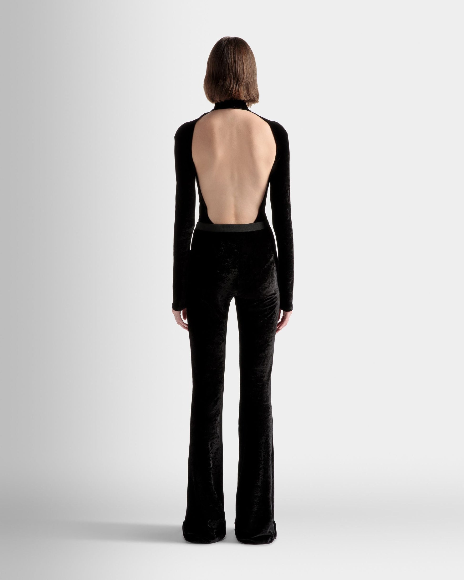 High Neck Bodysuit | Women's Top | Black Velvet Viscose Mix | Bally | On Model Back