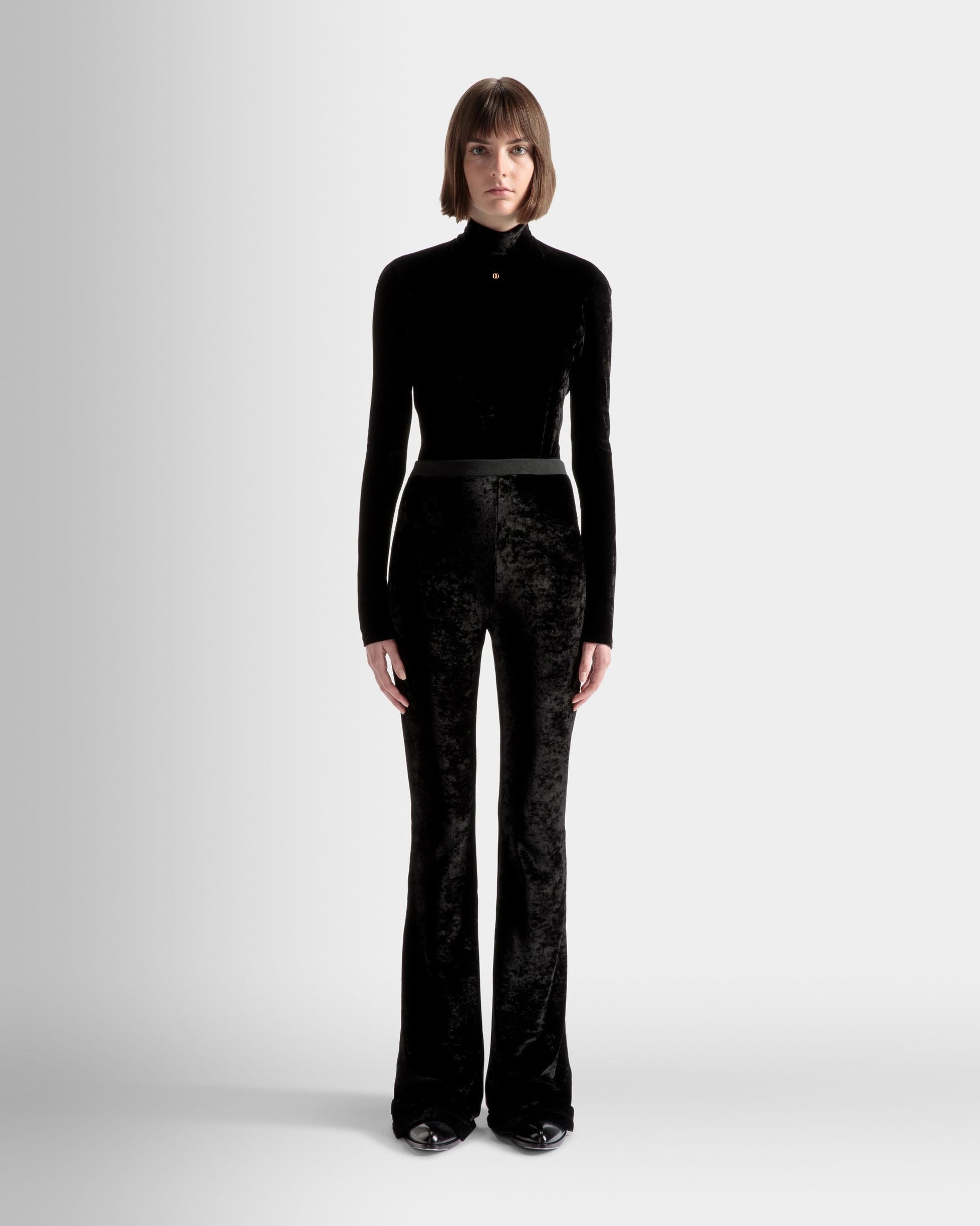 Flared Pants | Women's Pants | Black Velvet Viscose Mix | Bally | On Model Front
