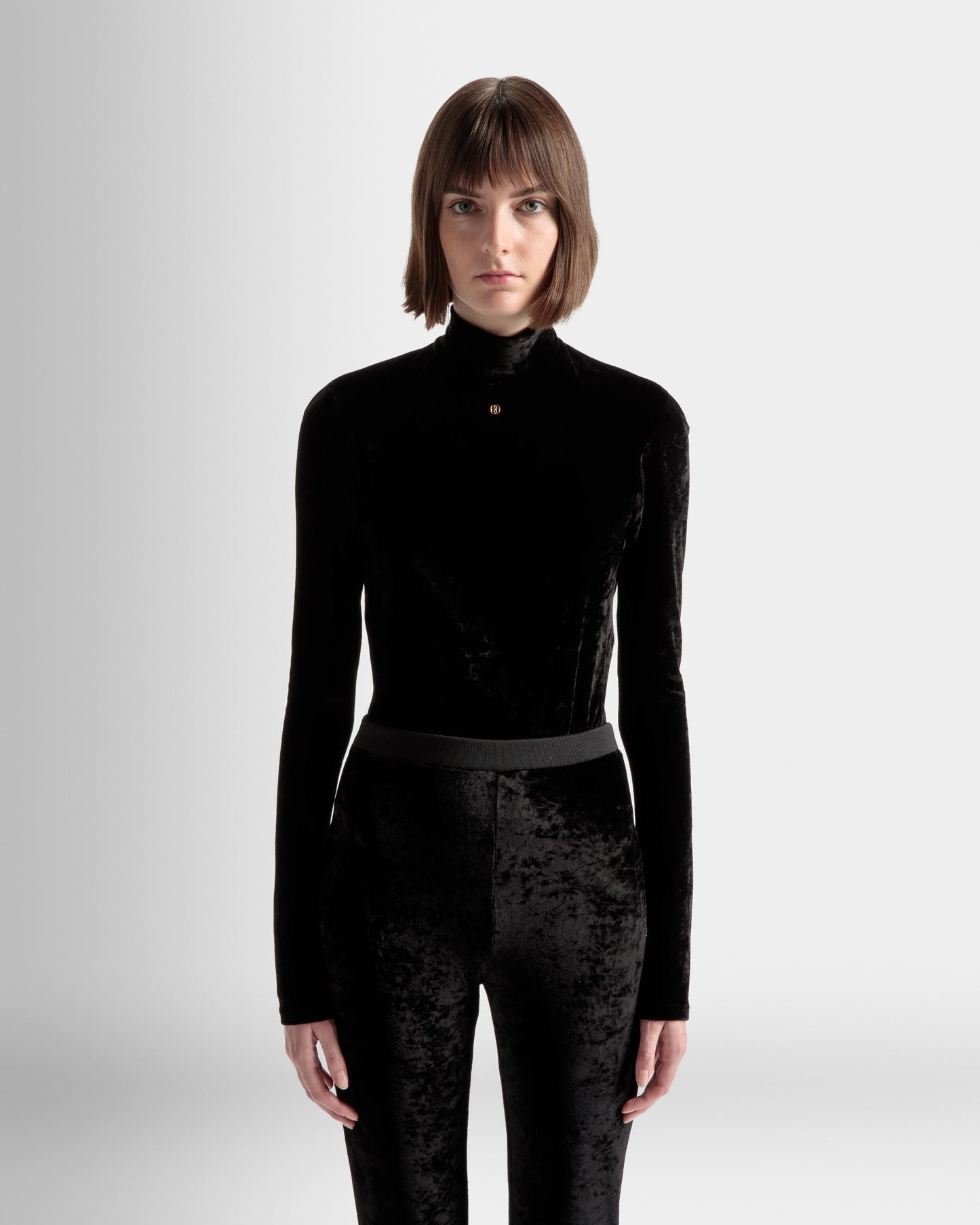 Flared Pants | Women's Pants | Black Velvet Viscose Mix | Bally | On Model Close Up