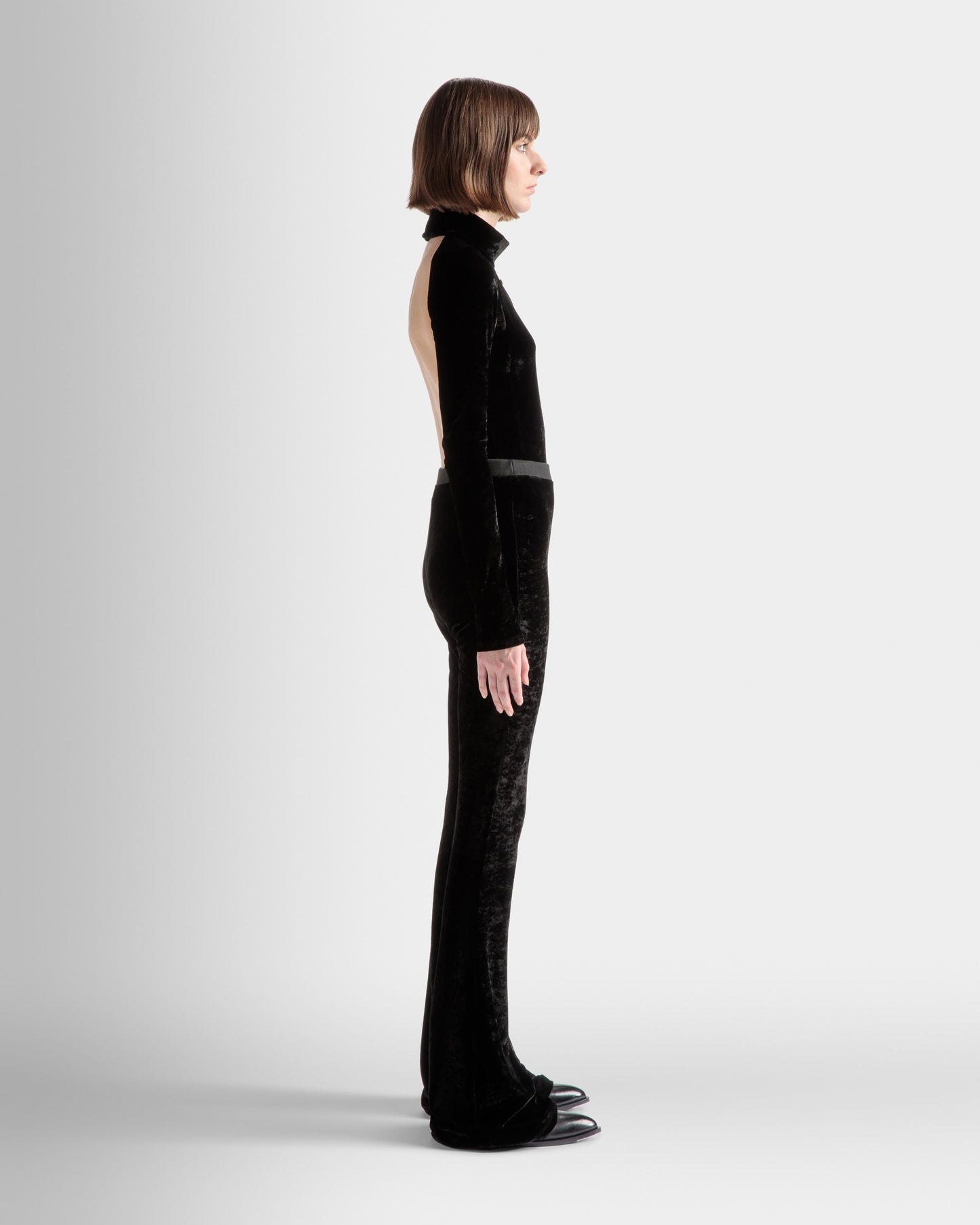 Flared Pants | Women's Pants | Black Velvet Viscose Mix | Bally | On Model 3/4 Front