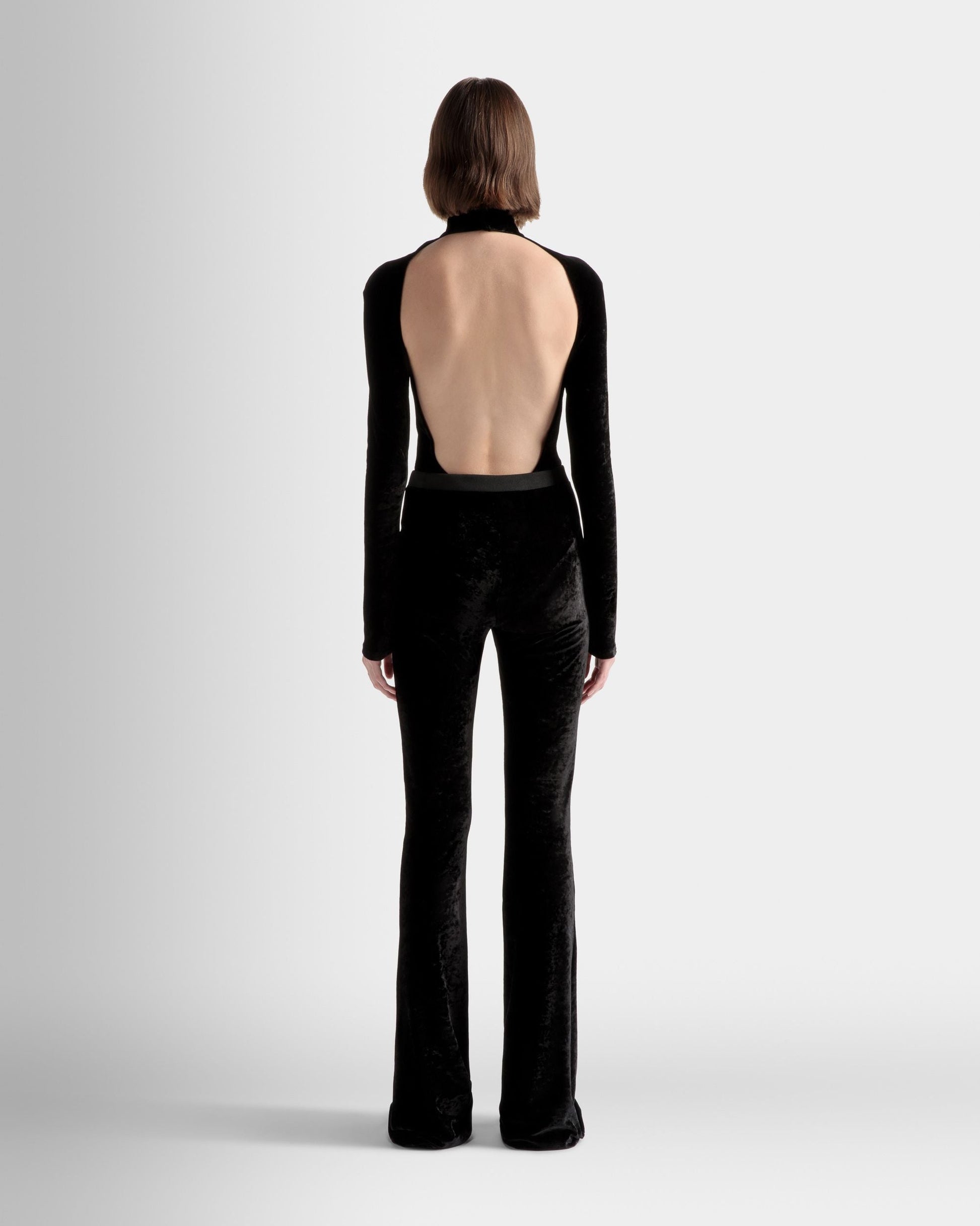 Flared Pants | Women's Pants | Black Velvet Viscose Mix | Bally | On Model Back
