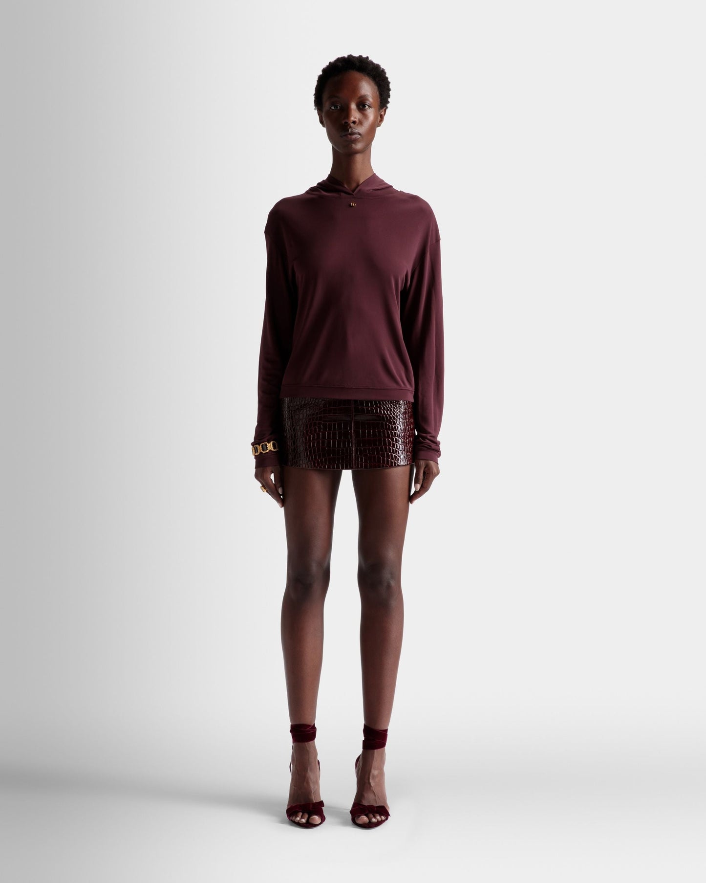 Hooded Sweatshirt | Women's Sweatshirt | Burgundy Fabric | Bally | On Model Front