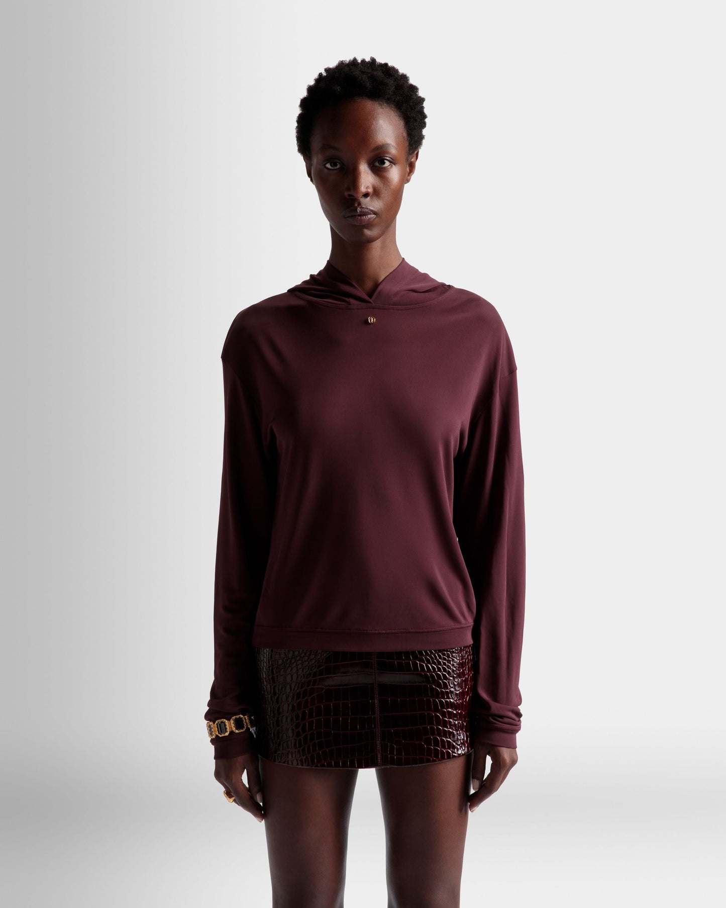 Hooded Sweatshirt | Women's Sweatshirt | Burgundy Fabric | Bally | On Model Close Up