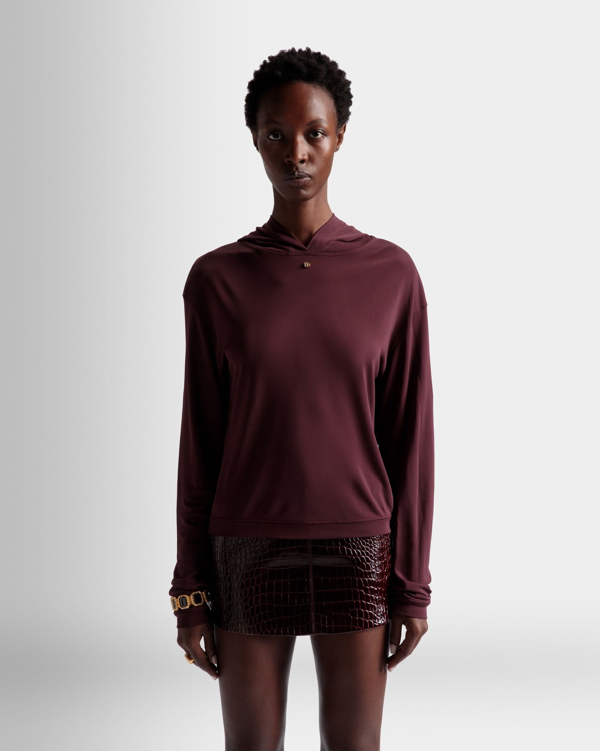 Hooded Sweatshirt | Women's Sweatshirt | Burgundy Fabric | Bally | On Model Close Up