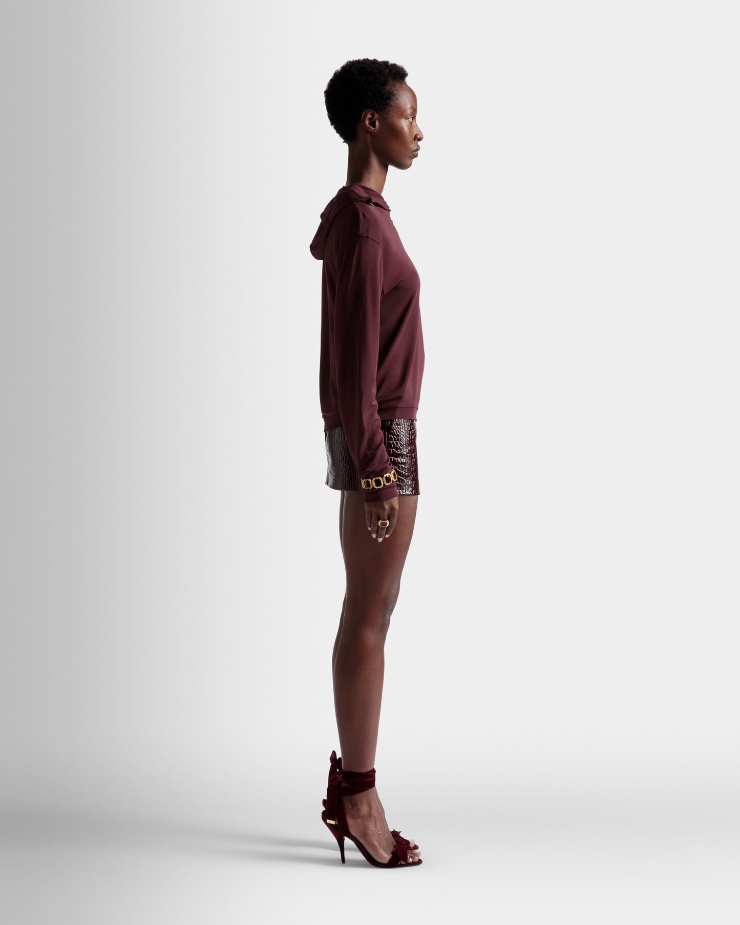 Hooded Sweatshirt | Women's Sweatshirt | Burgundy Fabric | Bally | On Model 3/4 Front