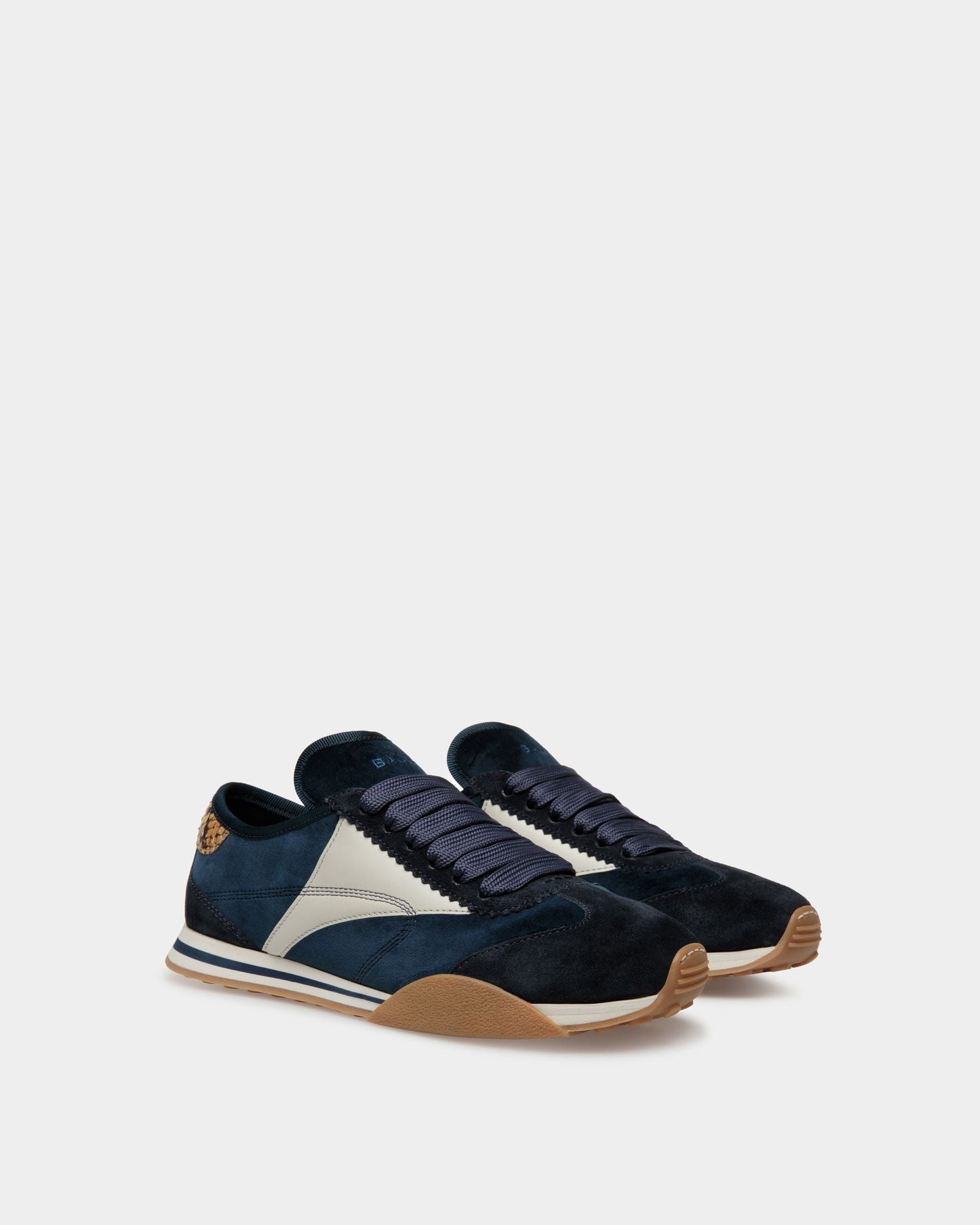 Sonney | Women's Sneakers | Midnight And Dusty White Leather And Cotton | Bally | Still Life 3/4 Front