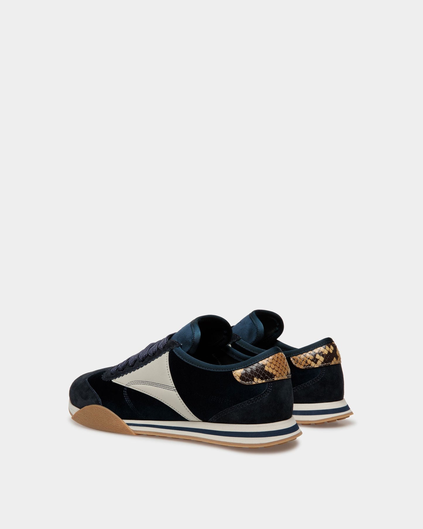 Sonney | Women's Sneakers | Midnight And Dusty White Leather And Cotton | Bally | Still Life 3/4 Back