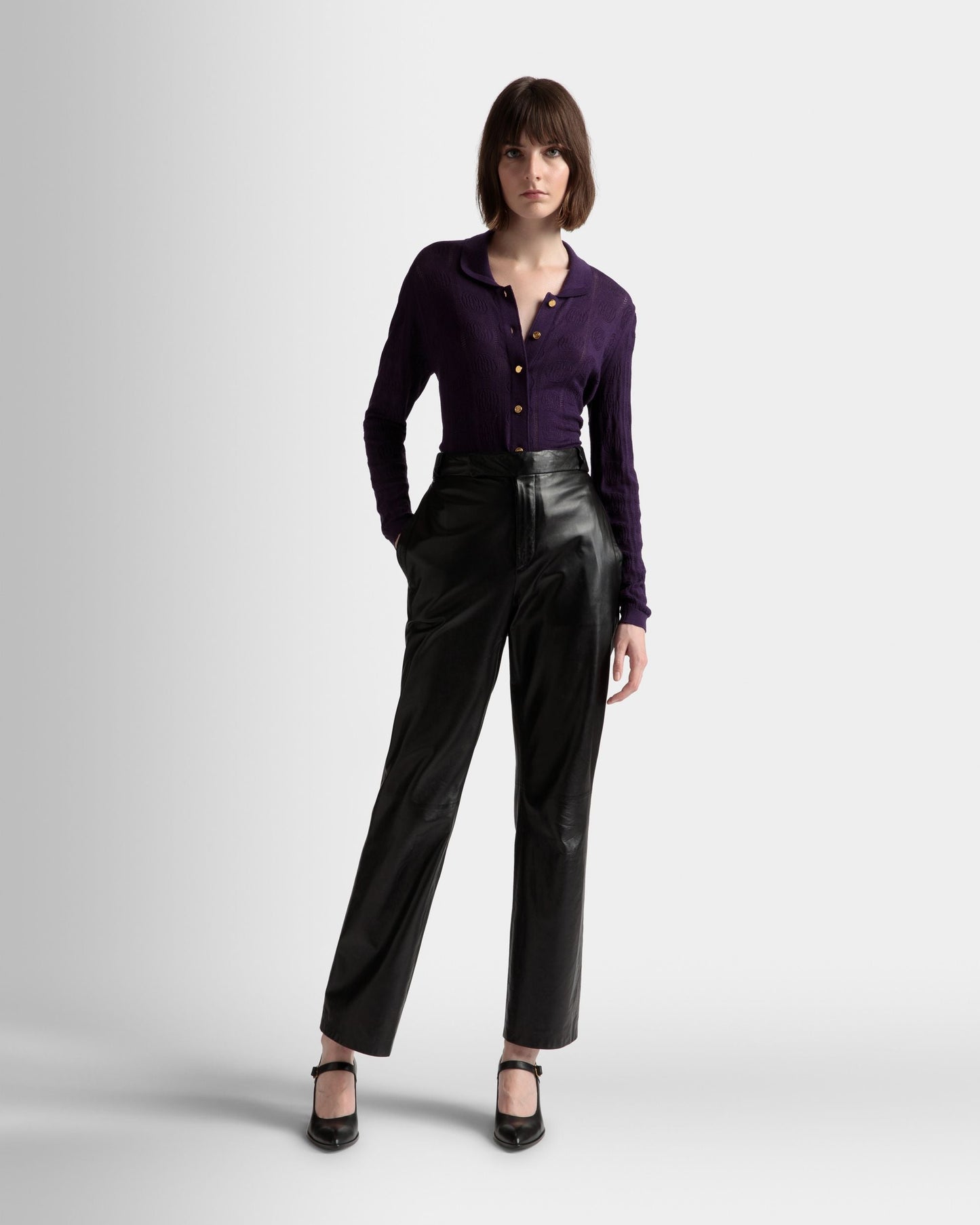 Knit Detail Long Sleeve Polo | Women's Roll Neck | Orchid Wool | Bally | On Model Front