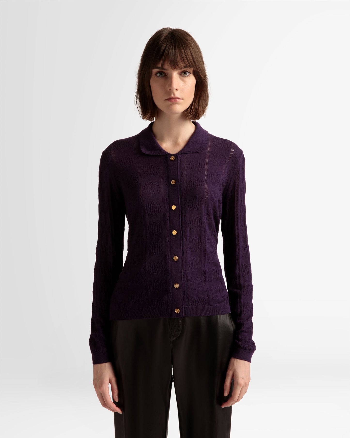 Knit Detail Long Sleeve Polo | Women's Roll Neck | Orchid Wool | Bally | On Model Close Up