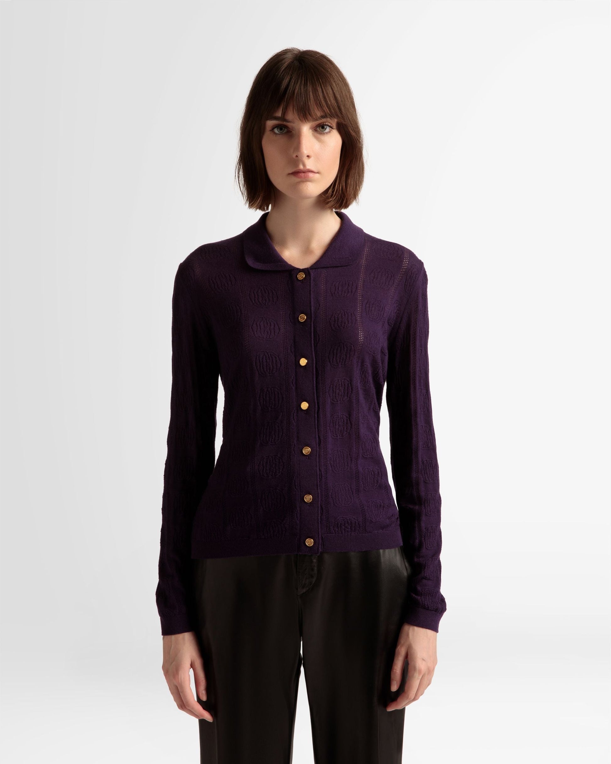 Knit Detail Long Sleeve Polo | Women's Roll Neck | Orchid Wool | Bally | On Model Close Up