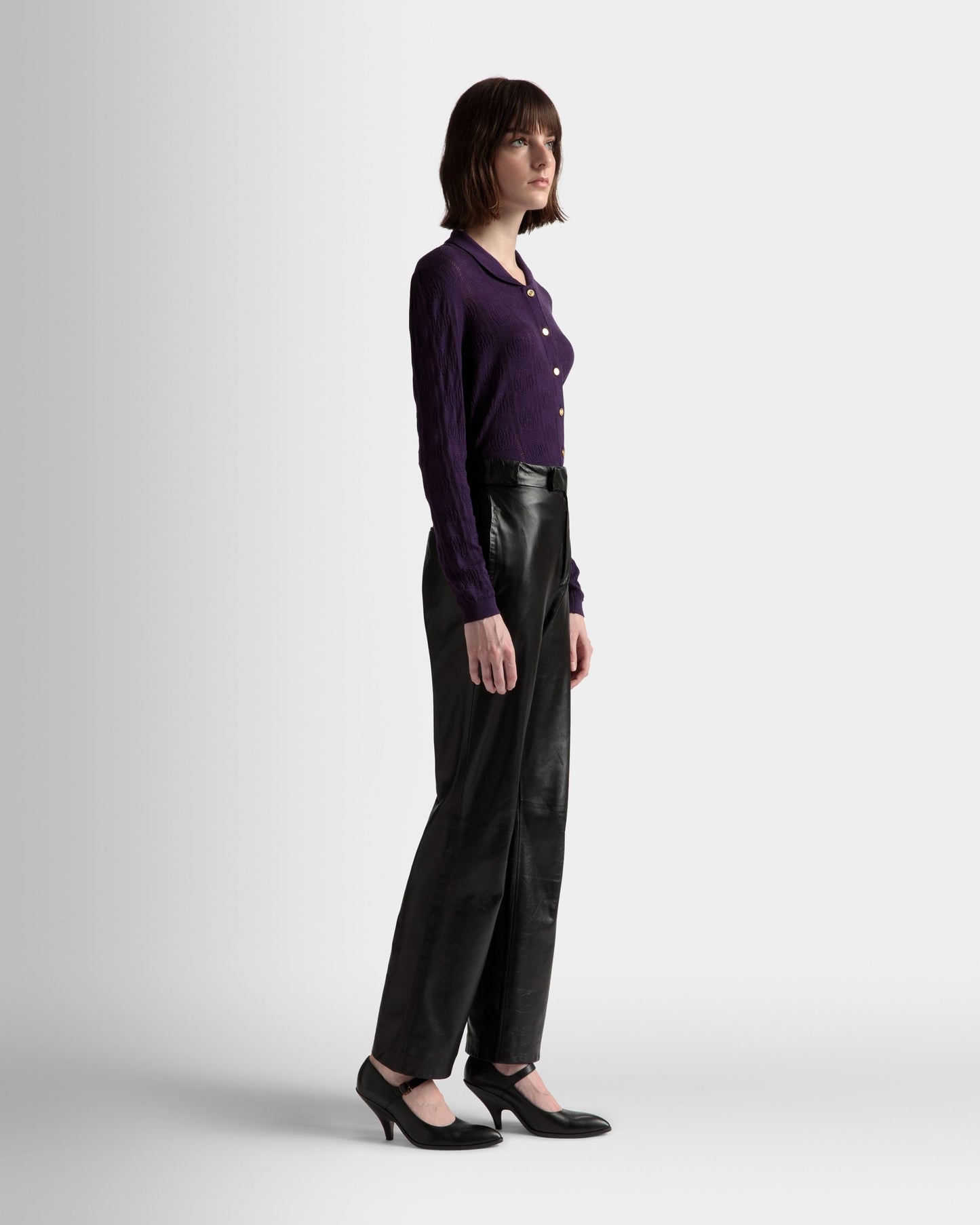 Knit Detail Long Sleeve Polo | Women's Roll Neck | Orchid Wool | Bally | On Model 3/4 Front