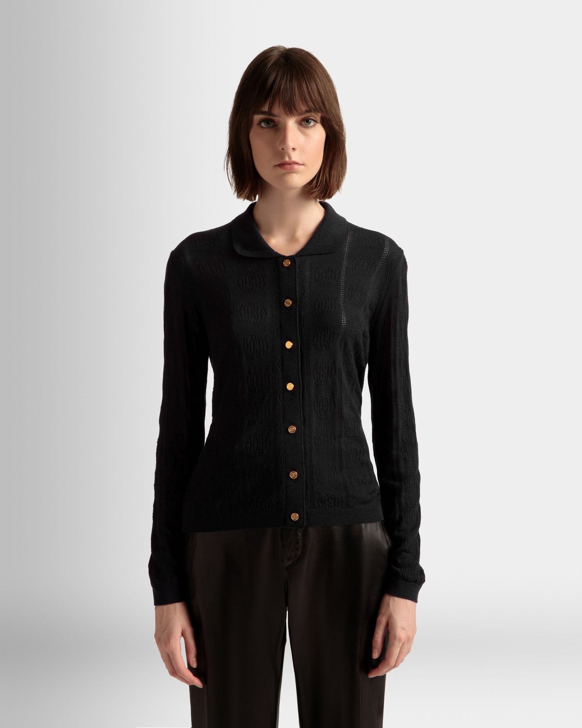Knit Detail Long Sleeve Polo | Women's Roll Neck | Black Wool | Bally | On Model Close Up
