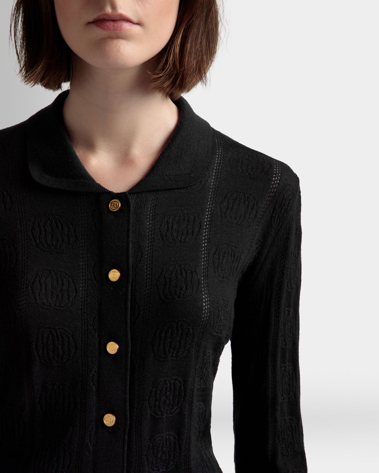 Knit Detail Long Sleeve Polo | Women's Roll Neck | Black Wool | Bally | On Model Detail