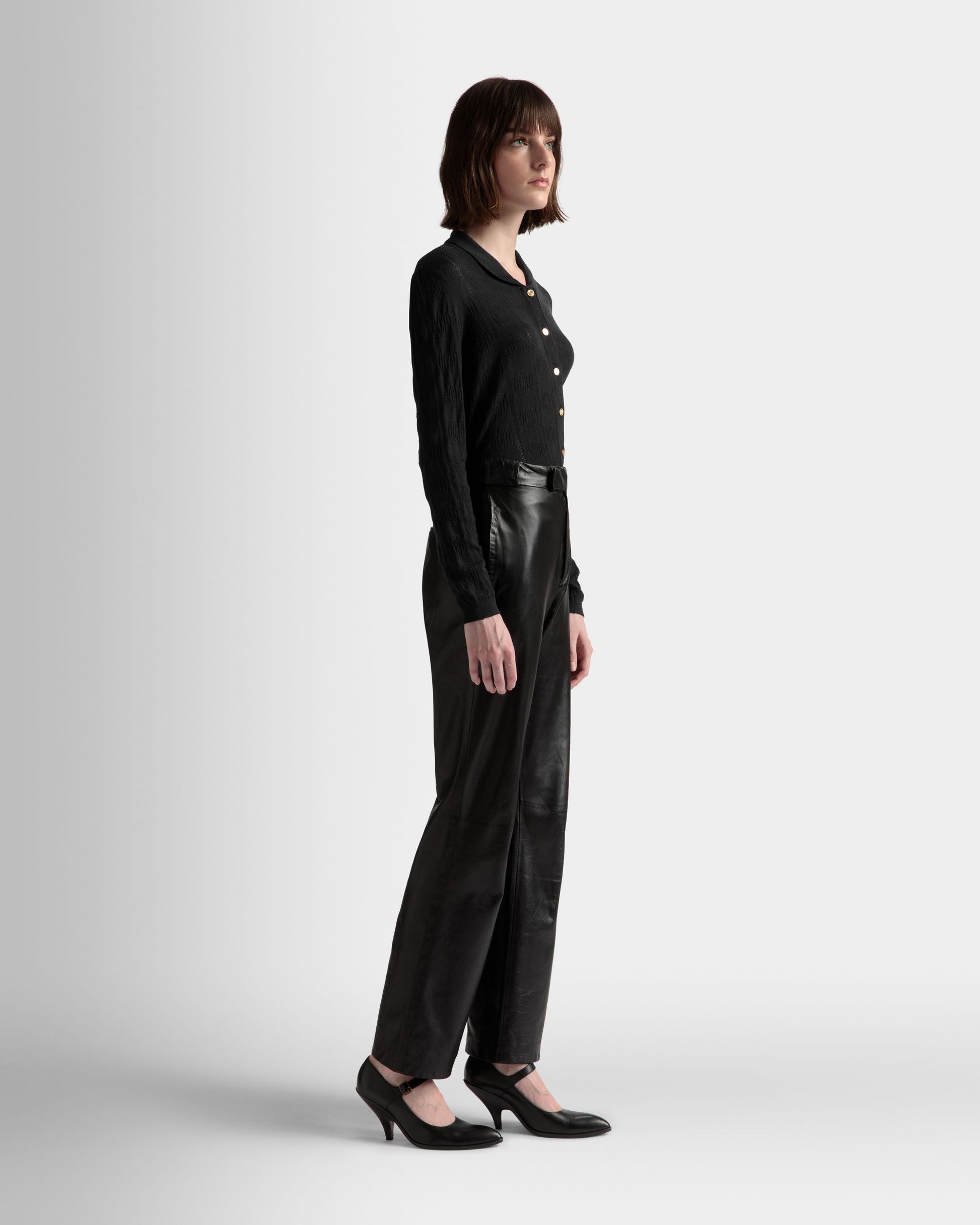 Knit Detail Long Sleeve Polo | Women's Roll Neck | Black Wool | Bally | On Model 3/4 Front