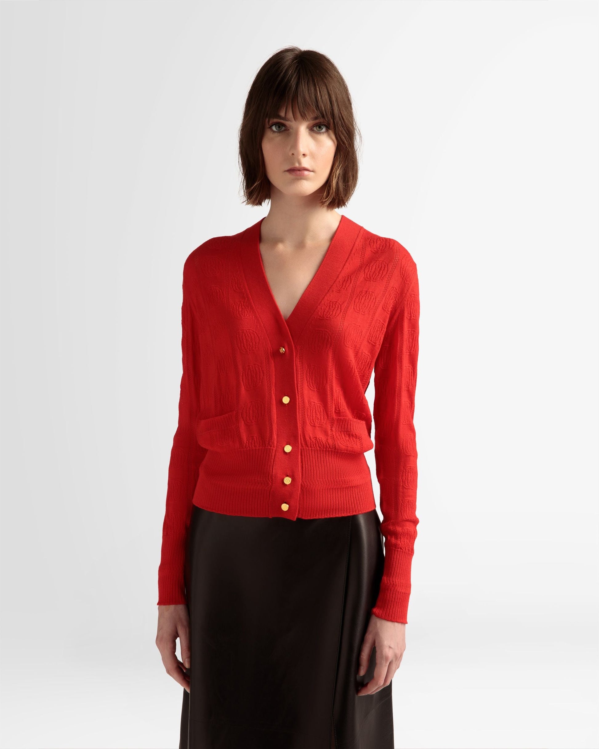 Knit Detail Cardigan | Women's Cardigan | Deep Ruby Wool | Bally | On Model Close Up