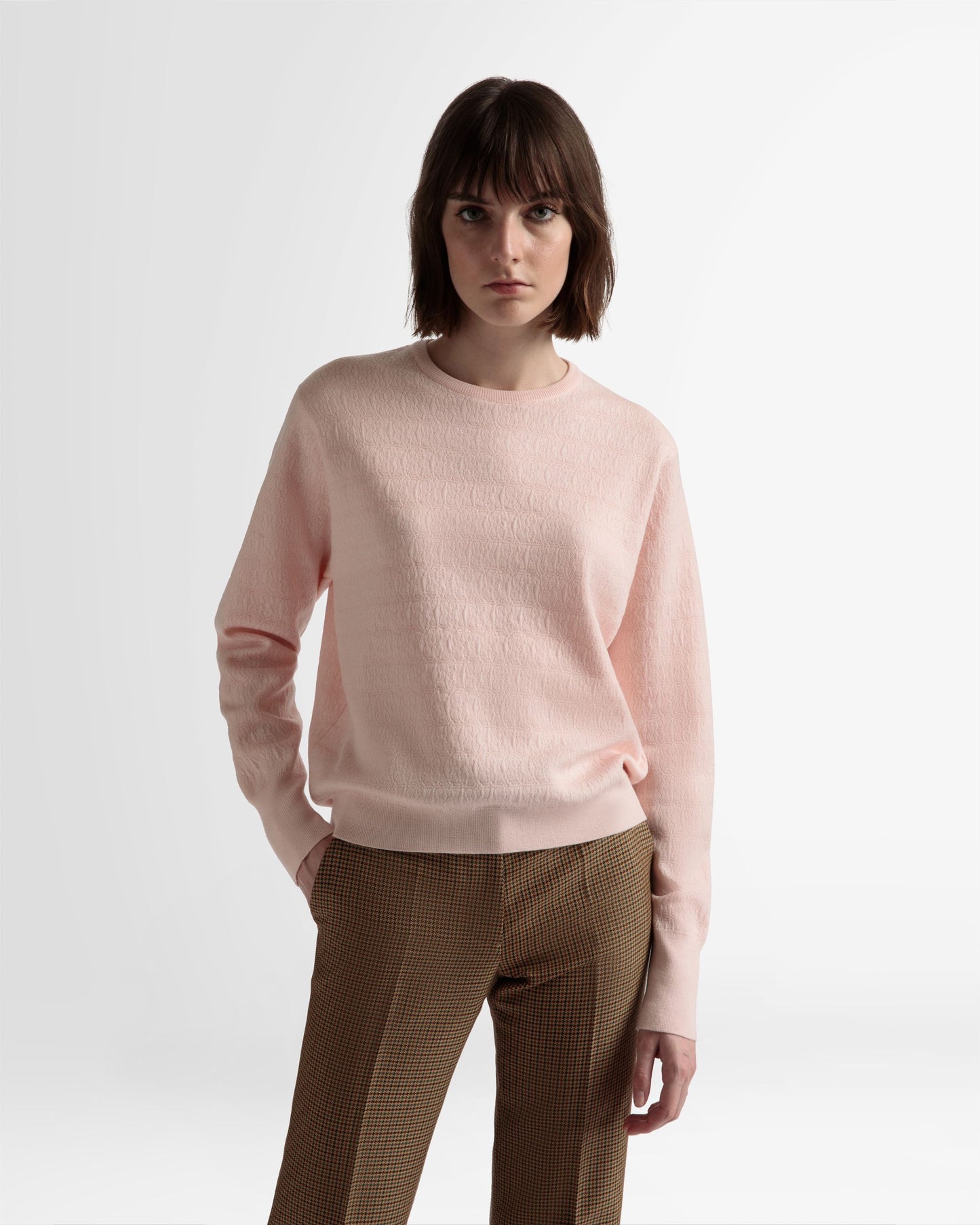 Crew Neck Sweater | Women's Sweater | Dusty Petal Wool | Bally | On Model Close Up