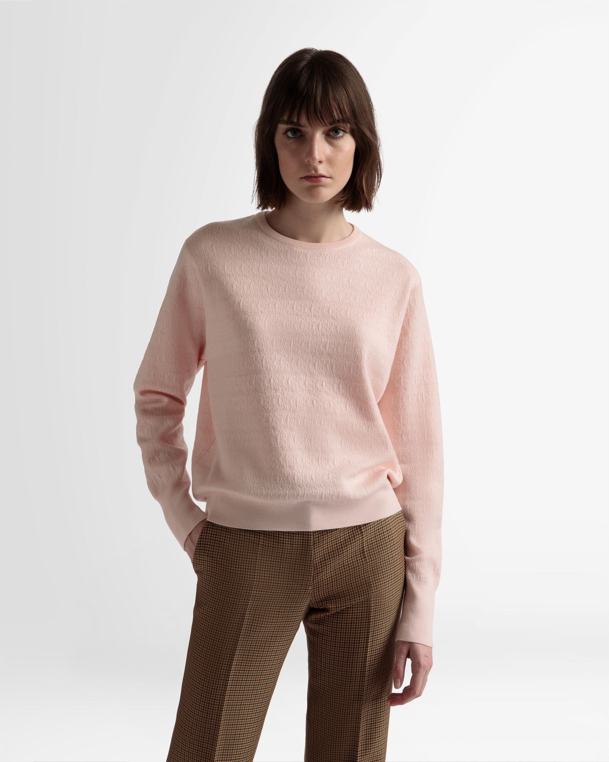 Crew Neck Sweater | Women's Sweater | Dusty Petal Wool | Bally | On Model Close Up