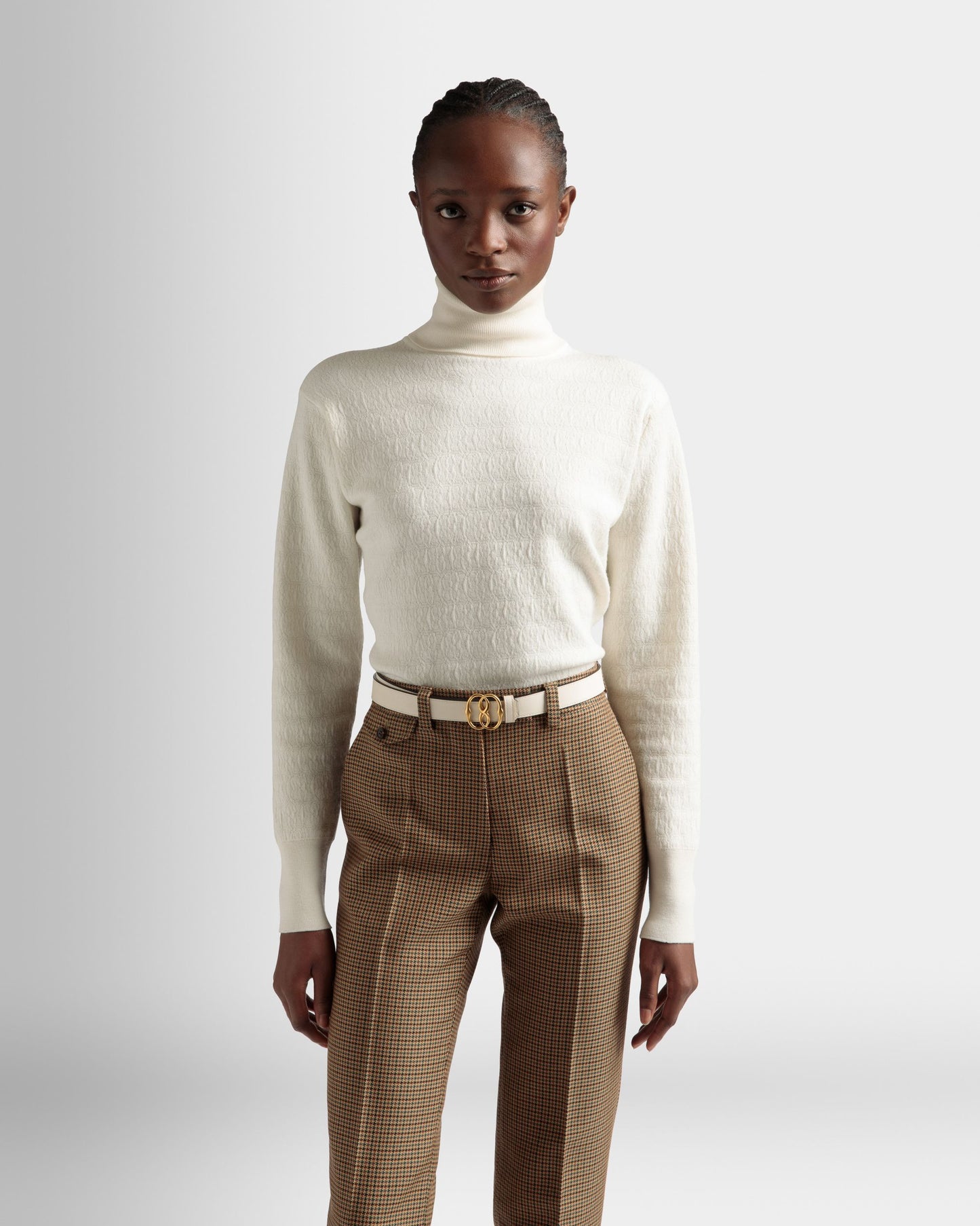 Roll Neck Sweater | Women's Sweater | Bone Wool | Bally | On Model Close Up